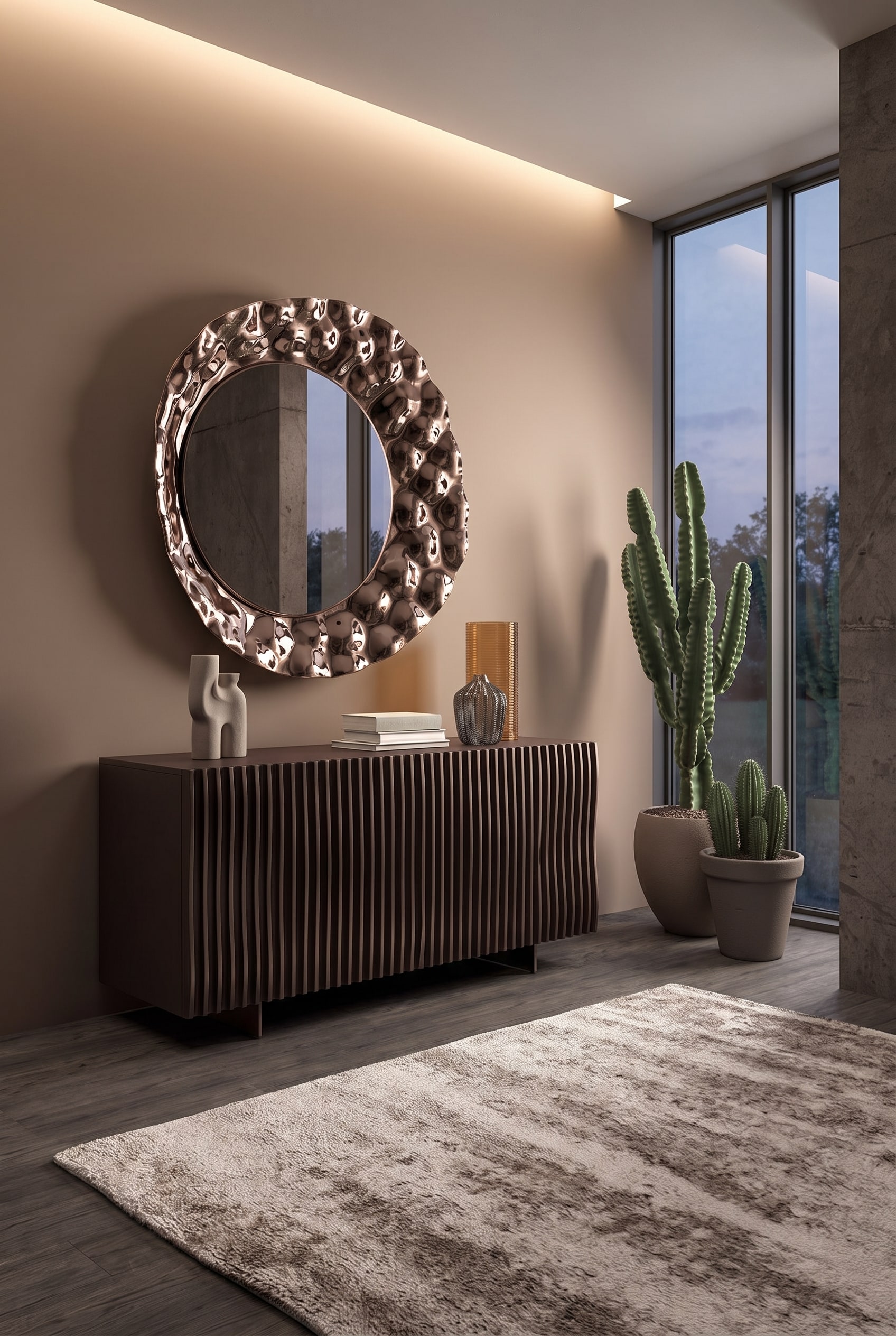 Modern living room with Ozzio Onda Sideboard with wavy front in front of a soft brown wall