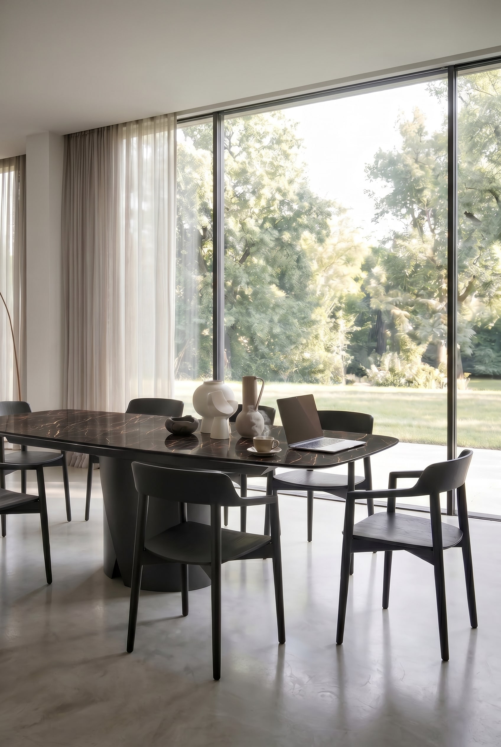 Livitalia Dining Table in everyday use with coffee cups and work materials on the scratch-resistant surface