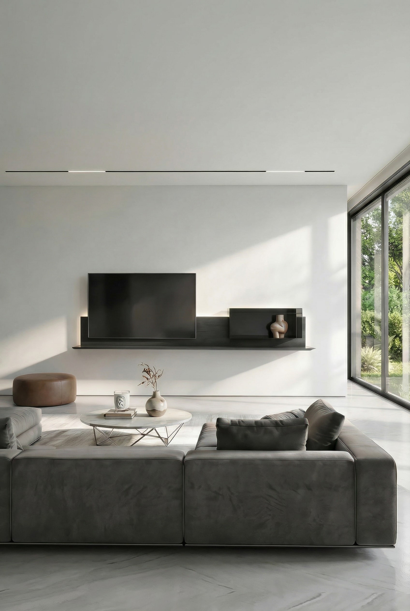 Komplett schwebendes, minimalistisches TV-Wandboard im Wohnzimmer Komplett schwebendes, minimalistisches TV-Wandboard im Wohnzimmer