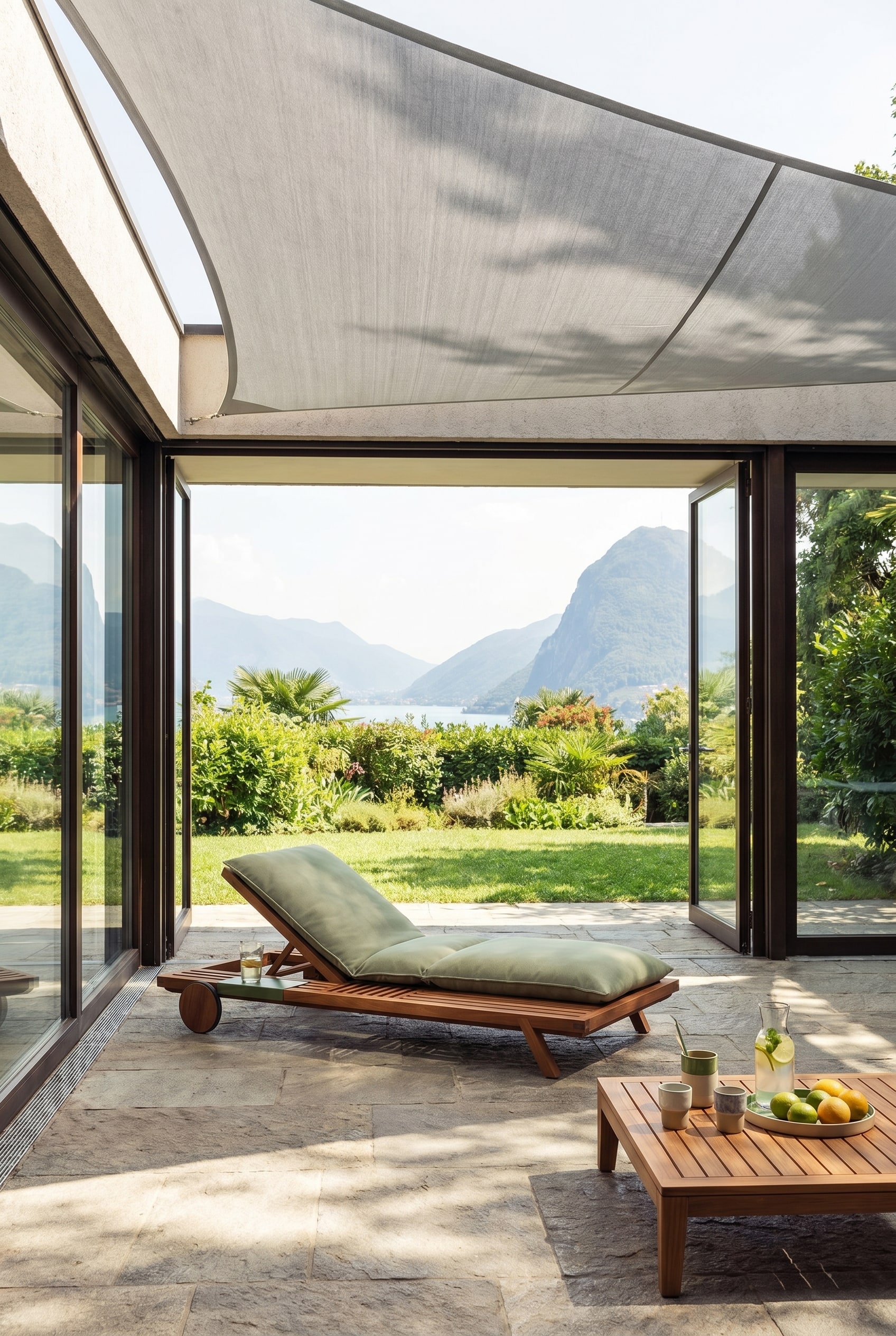&Uuml;bergangsbereich mit gro&szlig;en Glasfronten, hellgrauem Sonnensegel und der massiven Holzlounge Prostoria Umomoku mit salbeigr&uuml;nen Polstern