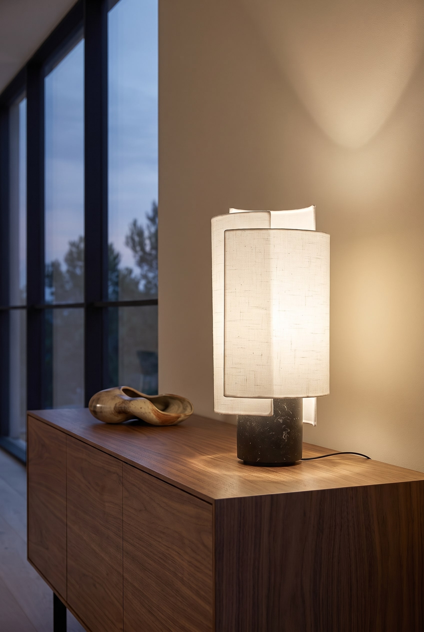 Elegantes Esszimmer mit flachem Holz-Sideboard, darauf eine skulpturale Tischleuchte mit warmwei&szlig;em Licht und schwerem Marmorfu&szlig;