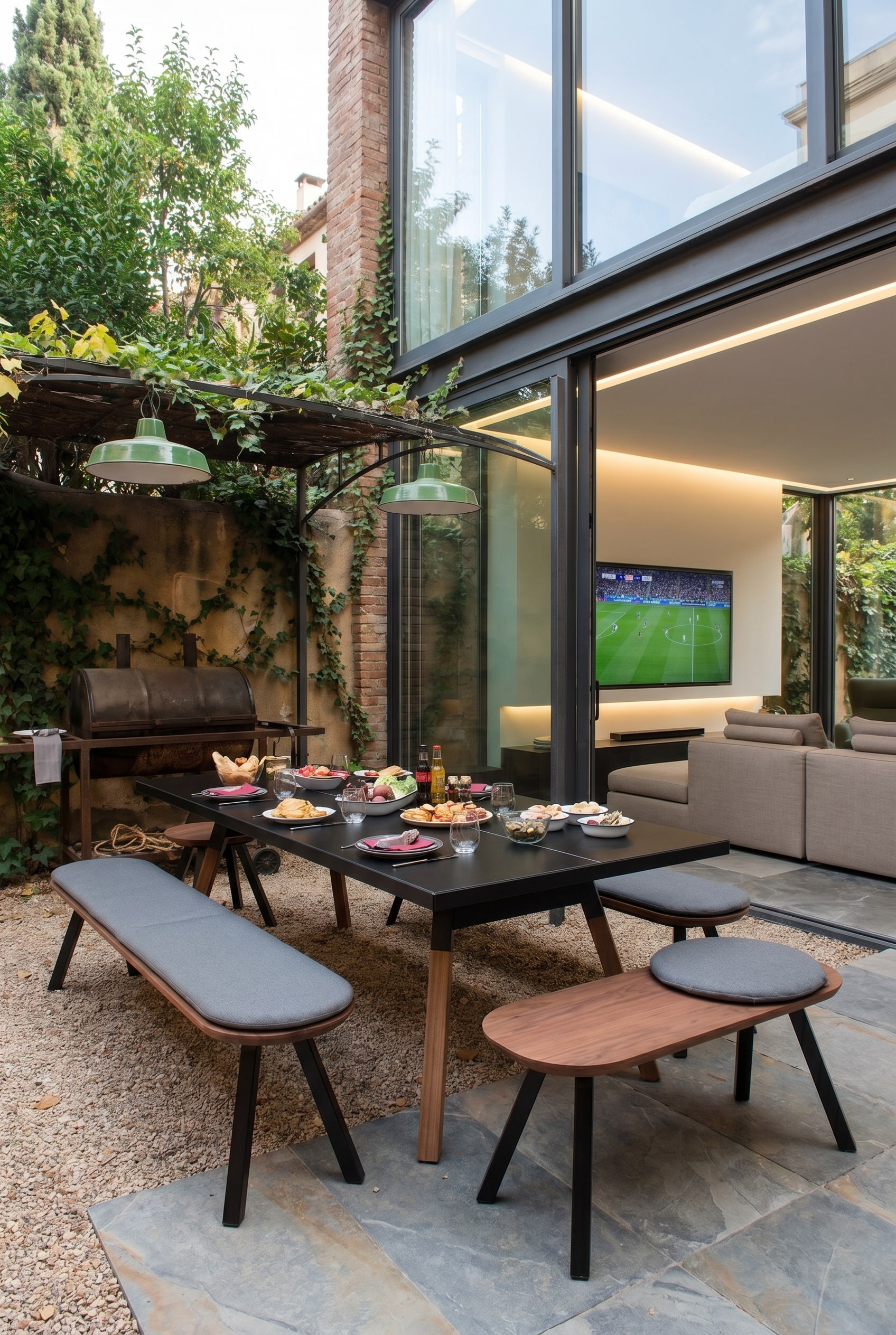 Wooden bench with grey seat cushions on an outdoor terrace in front of a black table and a large grill
