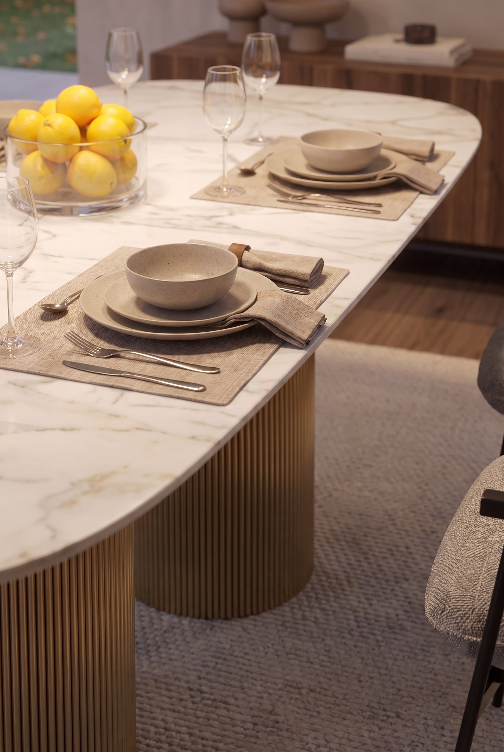 View along the curved table edge, showing the contrast between the smooth top and the vertically fluted wooden base.