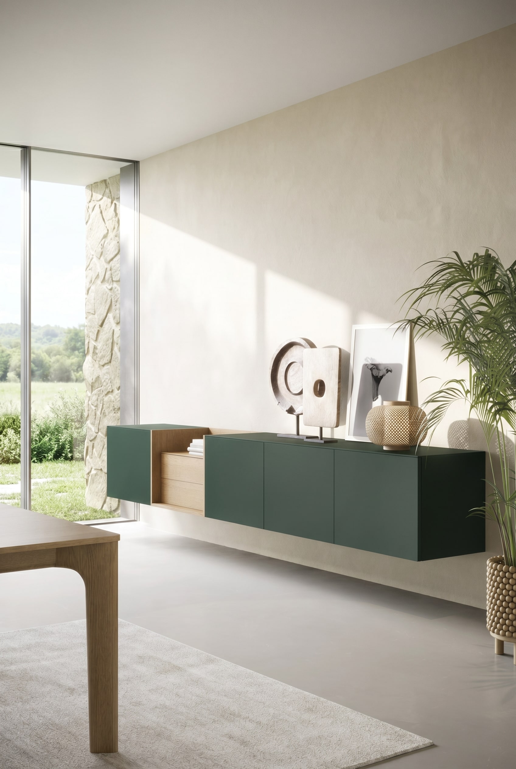 Farbiges hängendes Sideboard als Kontrast an einer hellen Wohnzimmerwand. Farbiges hängendes Sideboard als Kontrast an einer hellen Wohnzimmerwand.