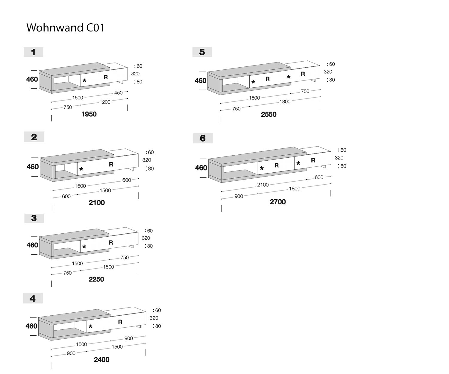 Sketch of dimensions Dimensions TV wall unit Livitalia C01 Sketch of dimensions Dimensions TV wall unit Livitalia C01