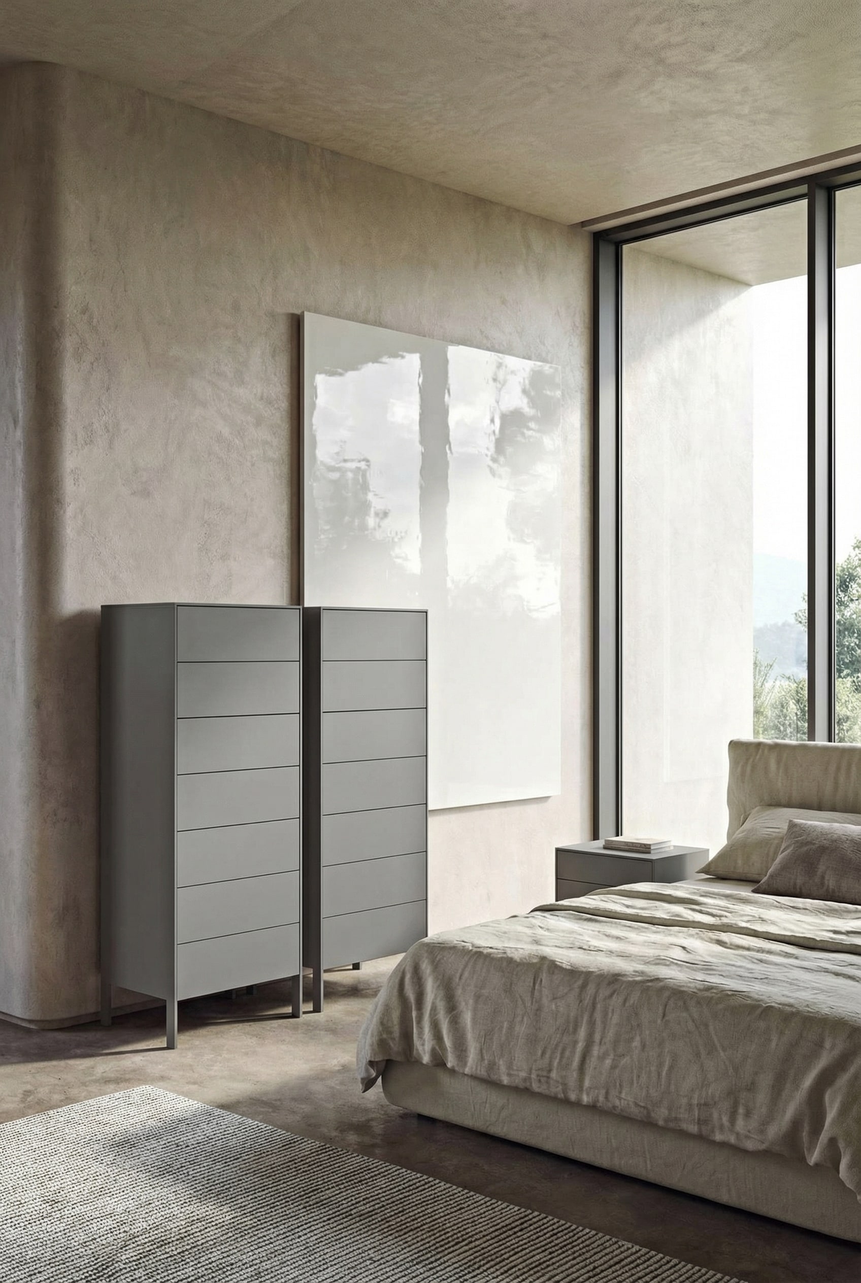Hochglänzende Designer-Hochkommode in einem modernen Schlafzimmer mit weicher Lichtreflexion. Hochglänzende Designer-Hochkommode in einem modernen Schlafzimmer mit weicher Lichtreflexion.