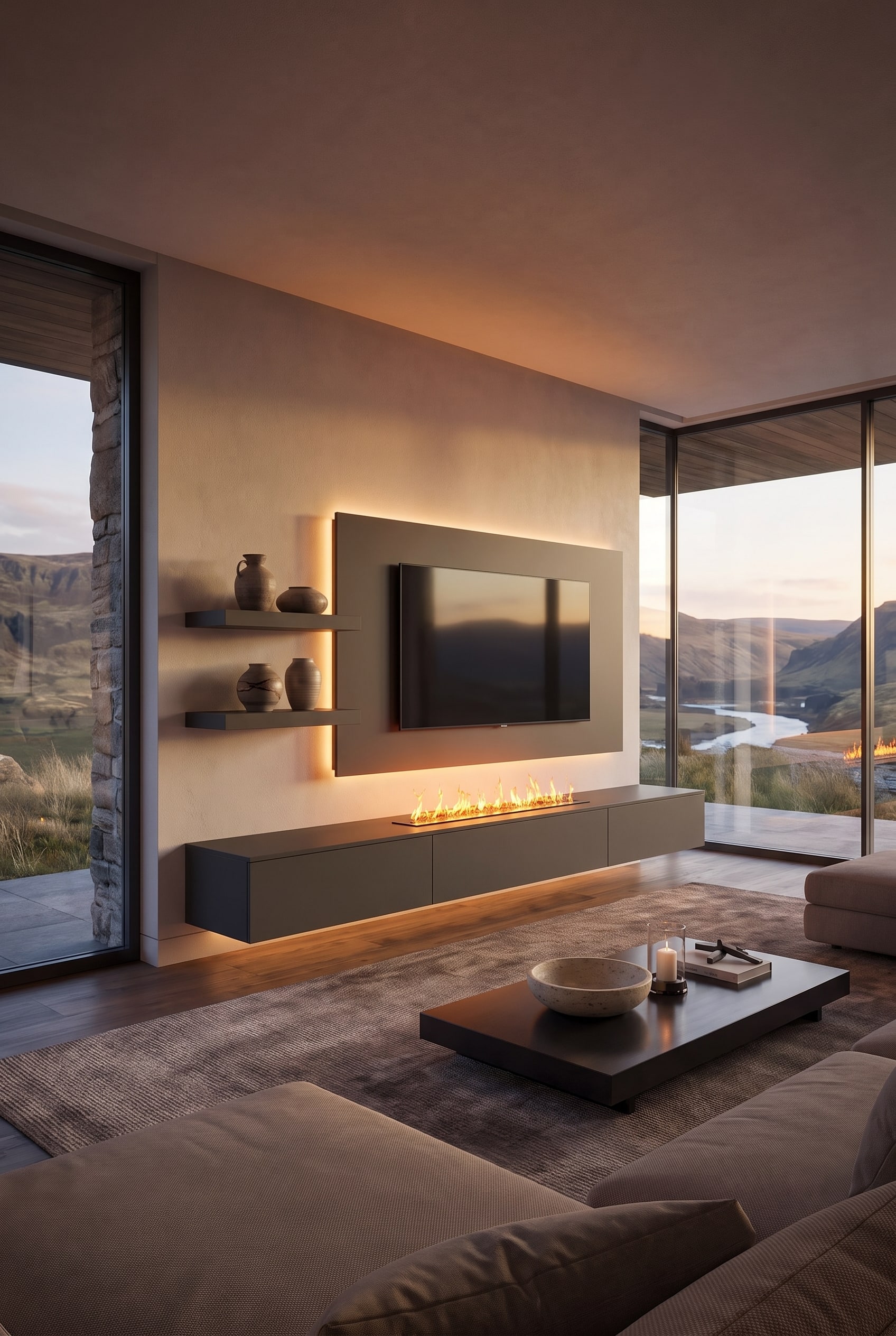 Modern living room with floating furniture and clear lines
