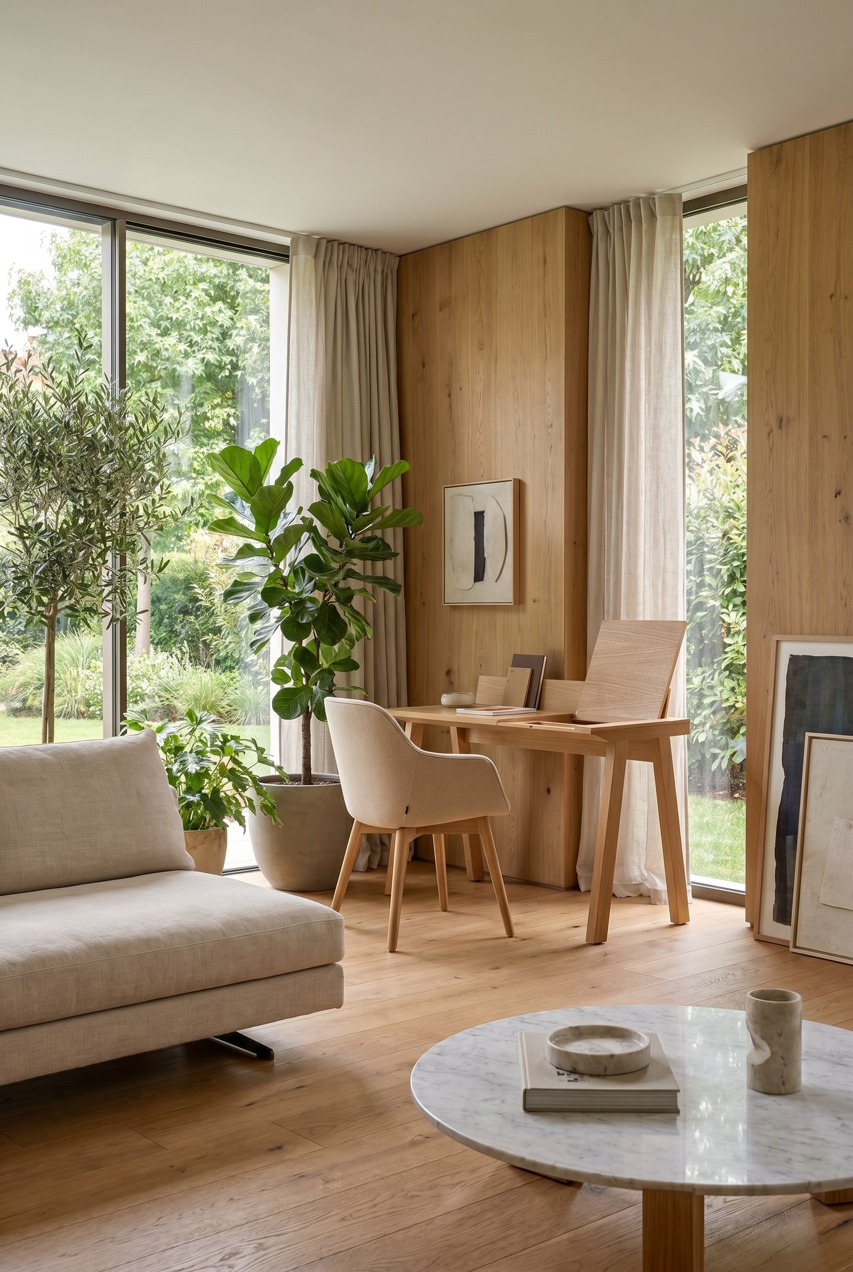 Bright living room with closed walnut secretary desk and beige chair