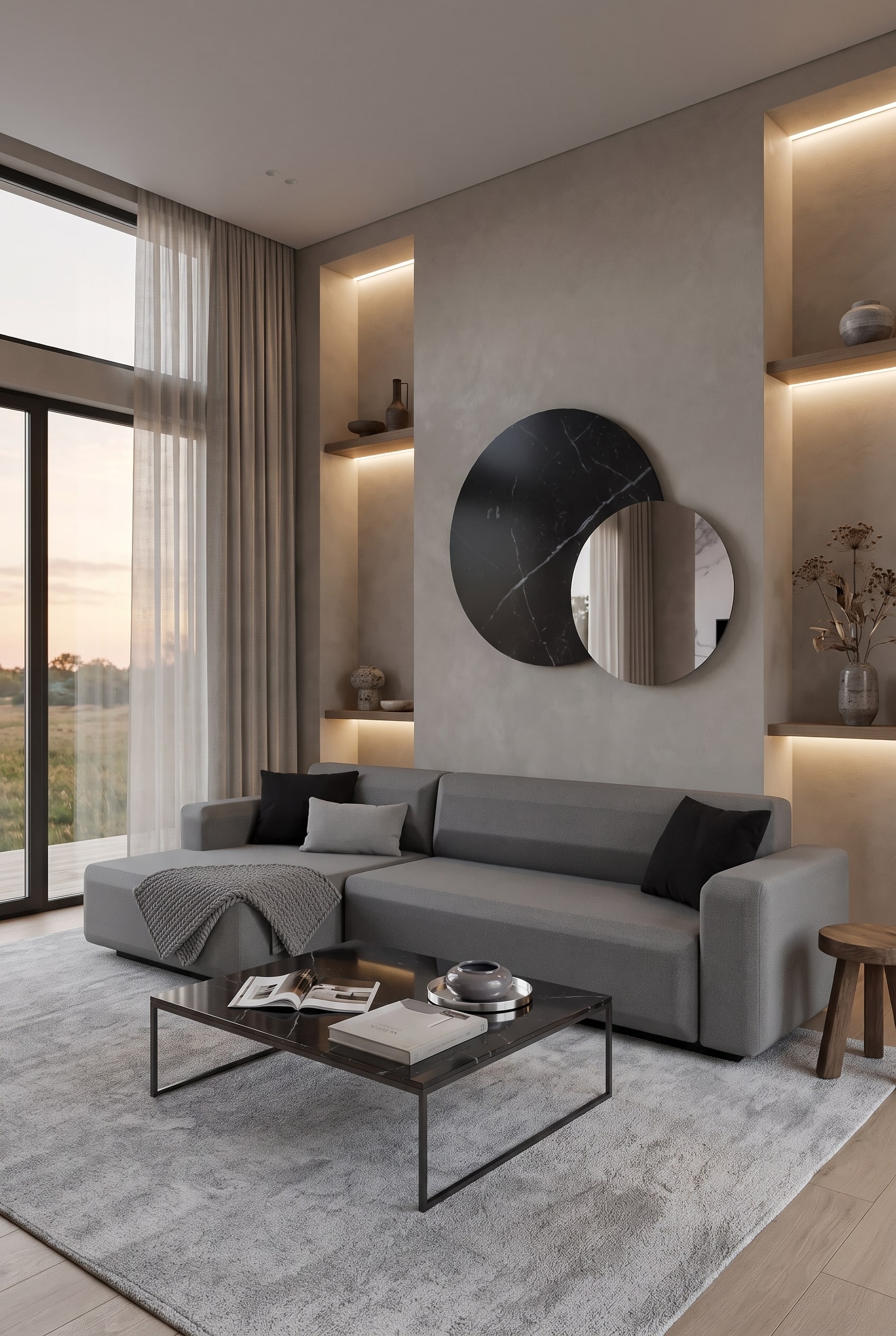 Monochromatic living room in greige with a simple, light gray sofa bed and a matching light rug
