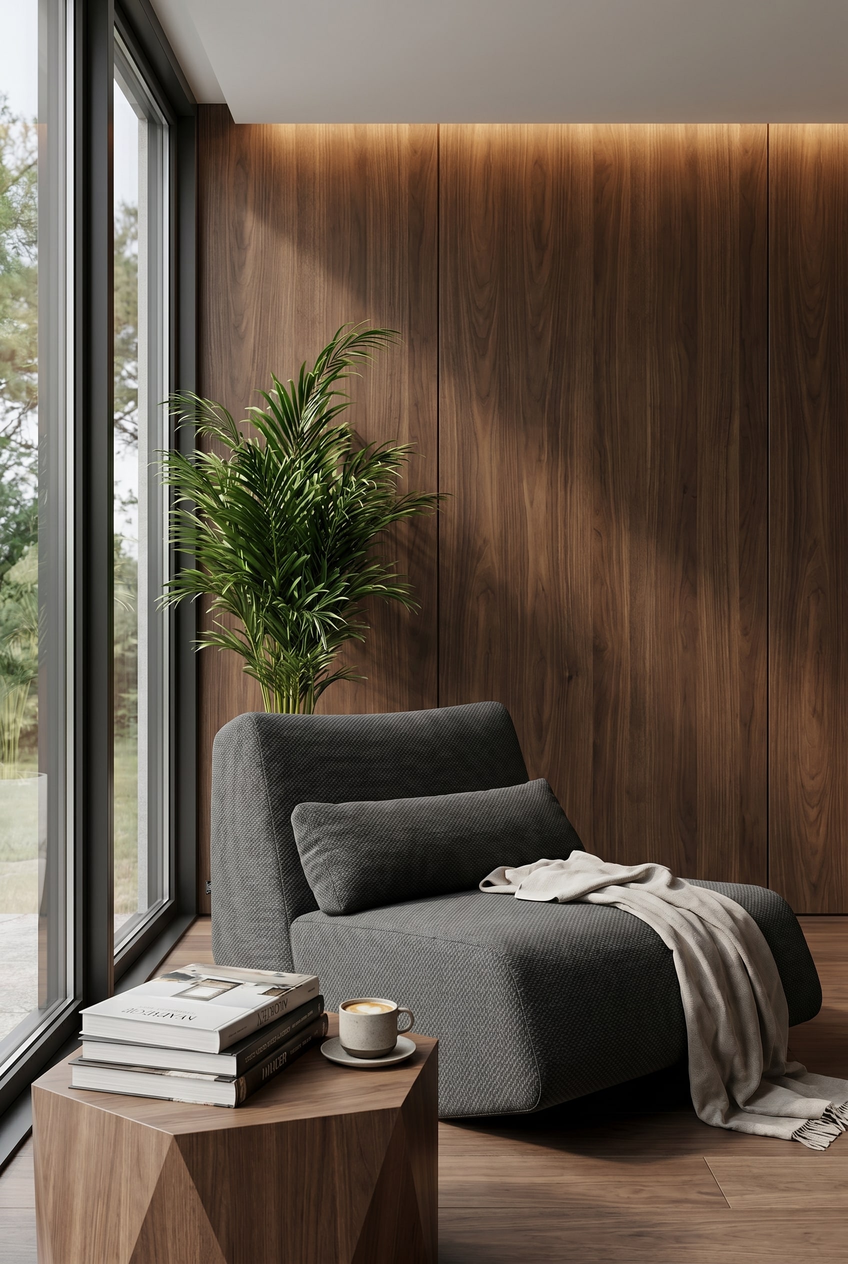 Cozy reading nook in the living room with dark wood panels and a dark gray, fluidly shaped lounge armchair