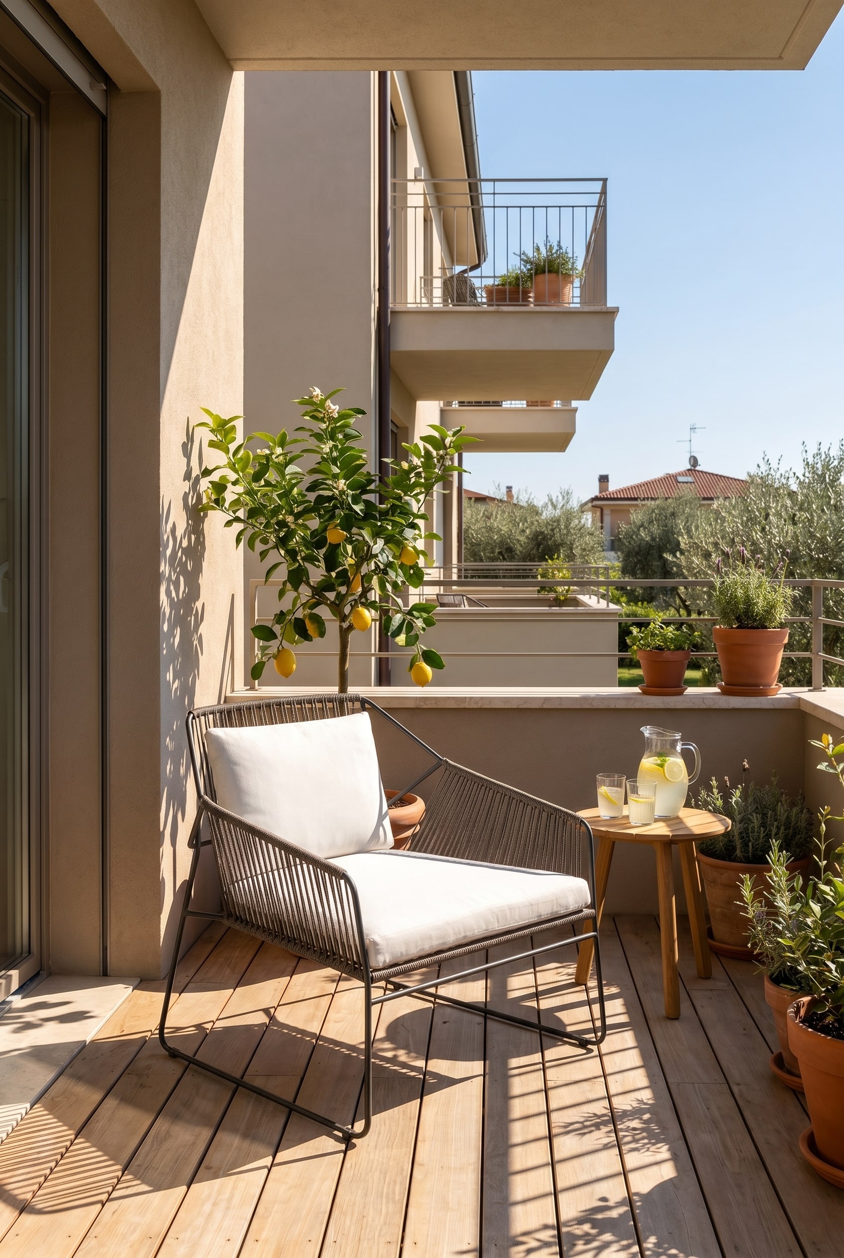 Sunny balcony with elegant stainless steel armchair and open cord weaving in anthracite