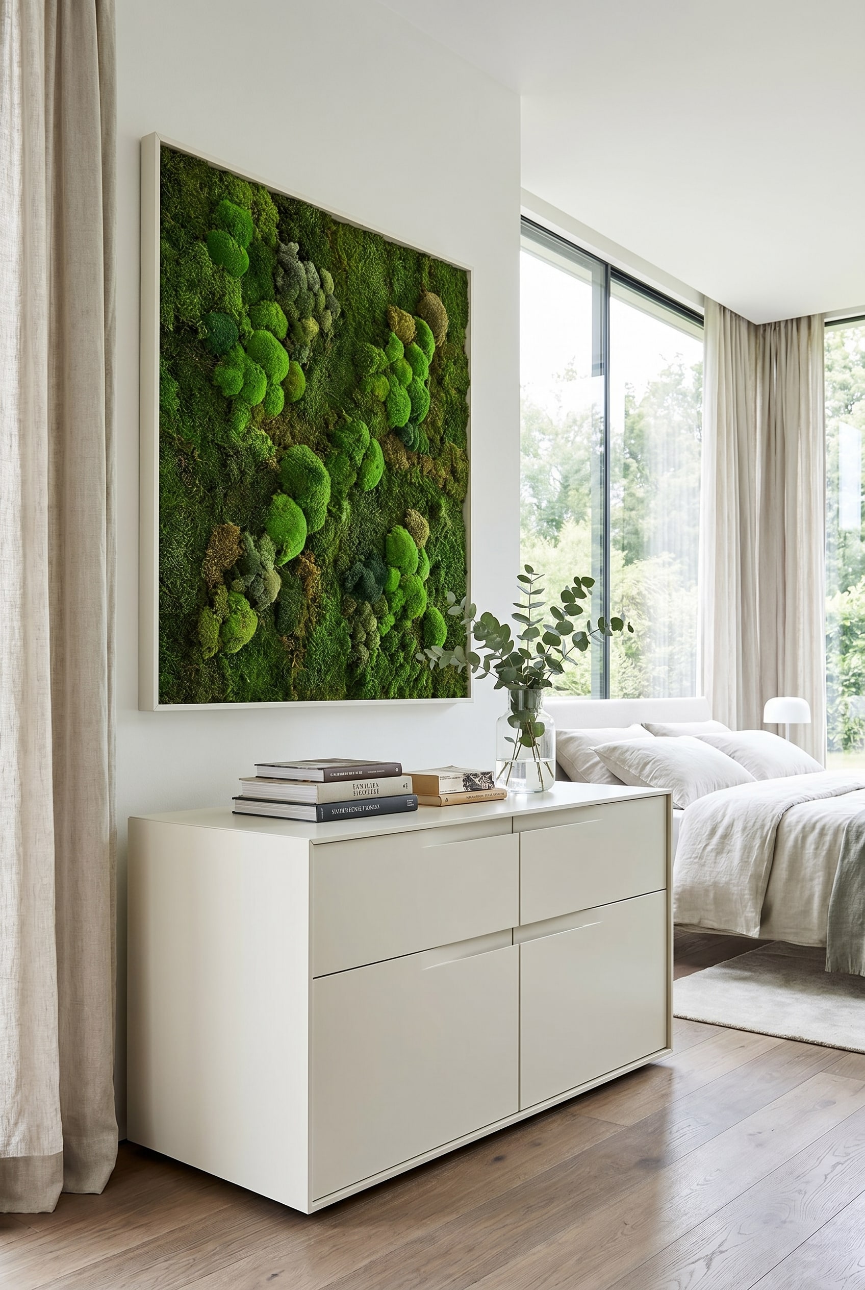Minimalistisches Schlafzimmer mit griffloser, monolithischer Kommode in Cremewei&szlig;, dar&uuml;ber ein Moosbild und ein Buchstapel