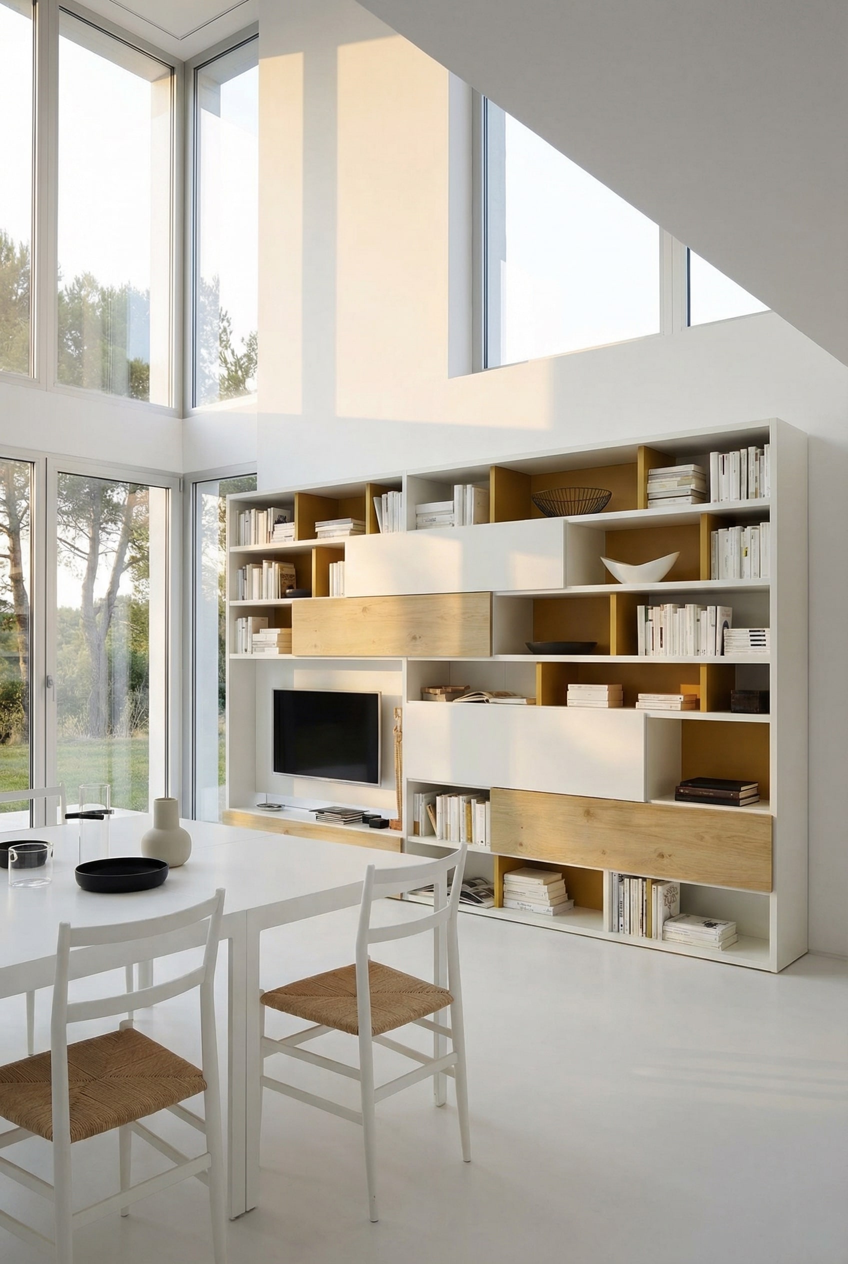 Modernes Wohnzimmer mit asymmetrischem Livitalia B&uuml;cherregal C51, dekoriert mit horizontalen B&uuml;chern und Kunst.