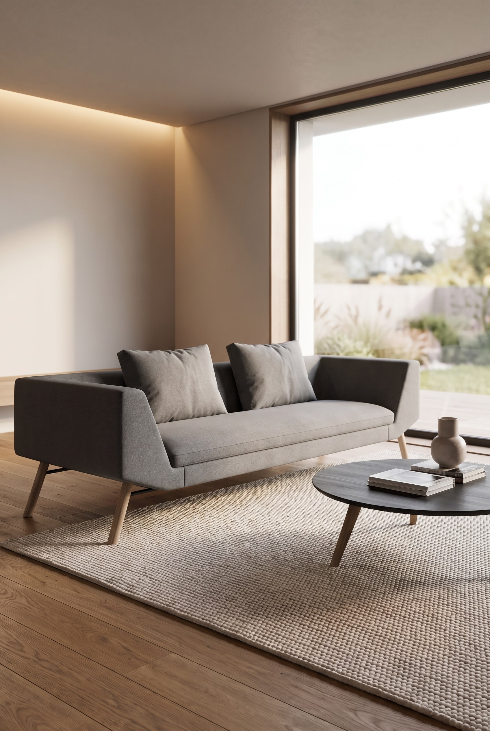 Ein Wohnzimmer mit dem eleganten Prostoria Sofa Combine, dessen Vorderbeine bündig auf einem hellen Teppich positioniert sind, während die Hinterbeine auf dem Holzfußboden stehen.