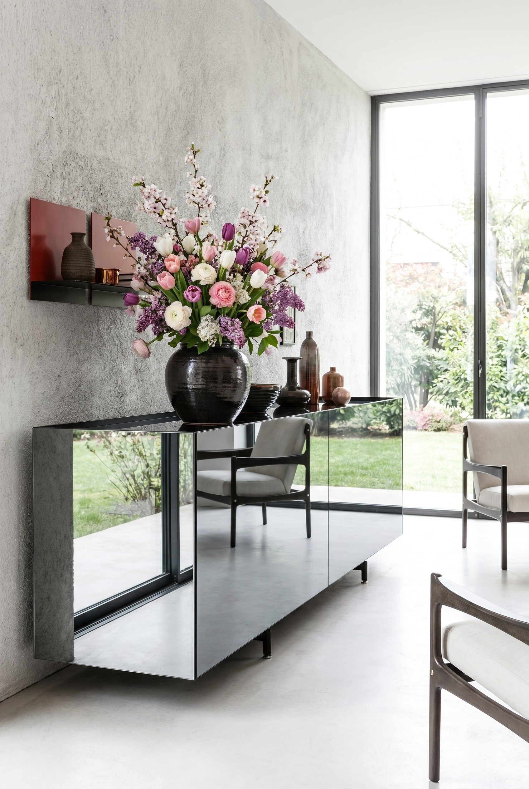 Sideboard mit verspiegelten Fronten in einem hellen Raum, wodurch das Frühlingsarrangement auf der Deckplatte optisch zu schweben scheint Sideboard mit verspiegelten Fronten in einem hellen Raum, wodurch das Frühlingsarrangement auf der Deckplatte optisch zu schweben scheint