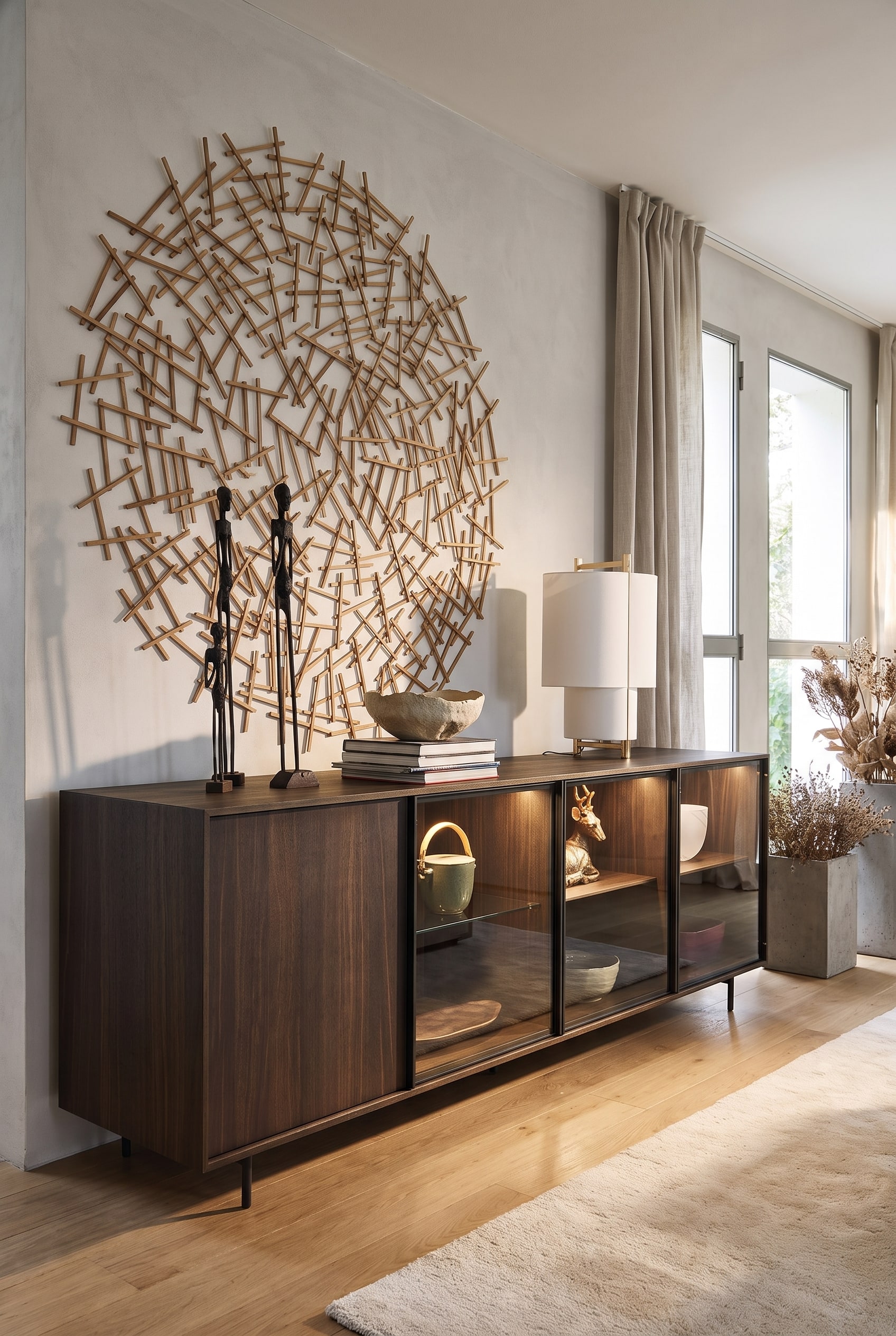 Modernes Glas-Sideboard, auf dem gro&szlig;e Coffee Table Books als Podest f&uuml;r eine Skulptur dienen.