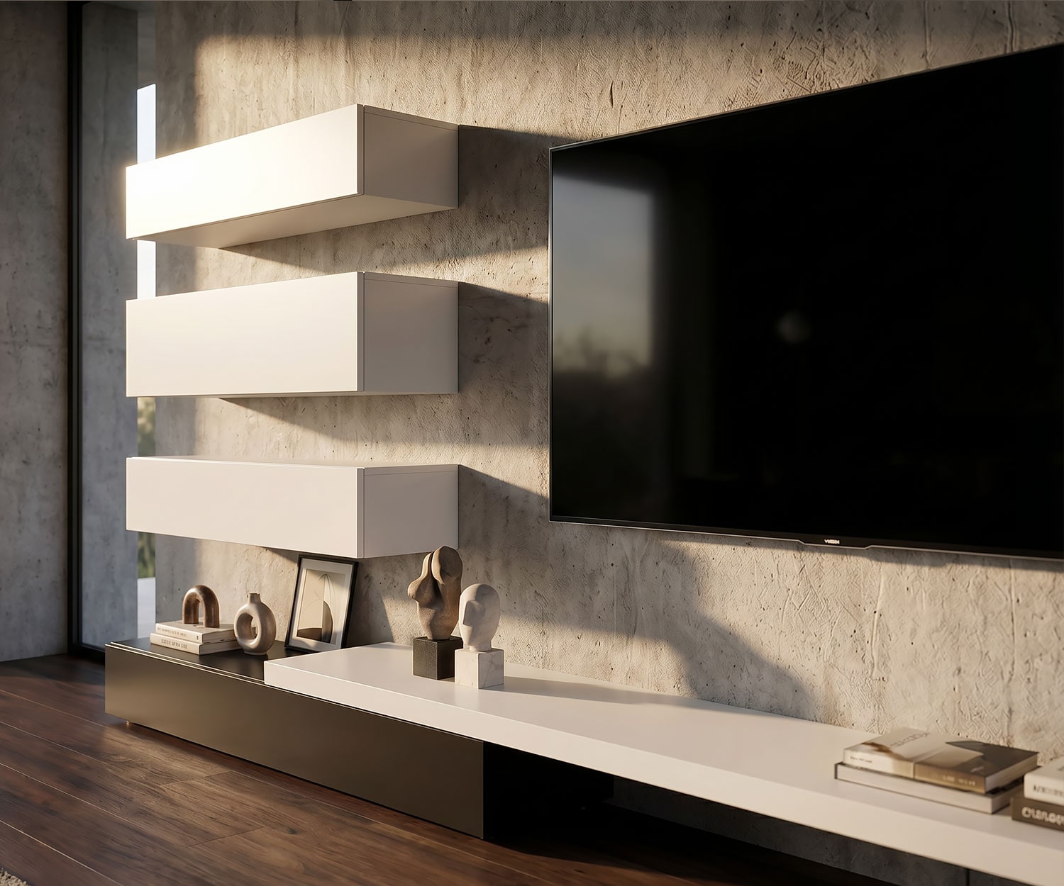 Elegant use of the wall unit with decoration and concealed storage space