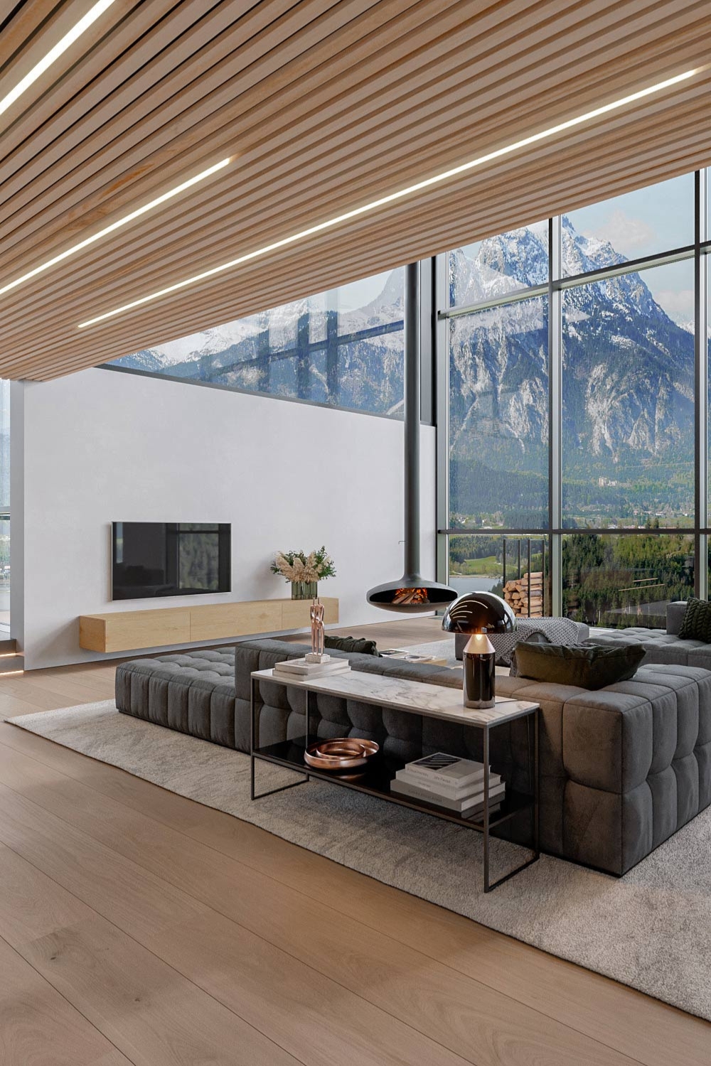 Alpenpanorama-Wohnzimmer mit schwebendem Lowboard und Kamin