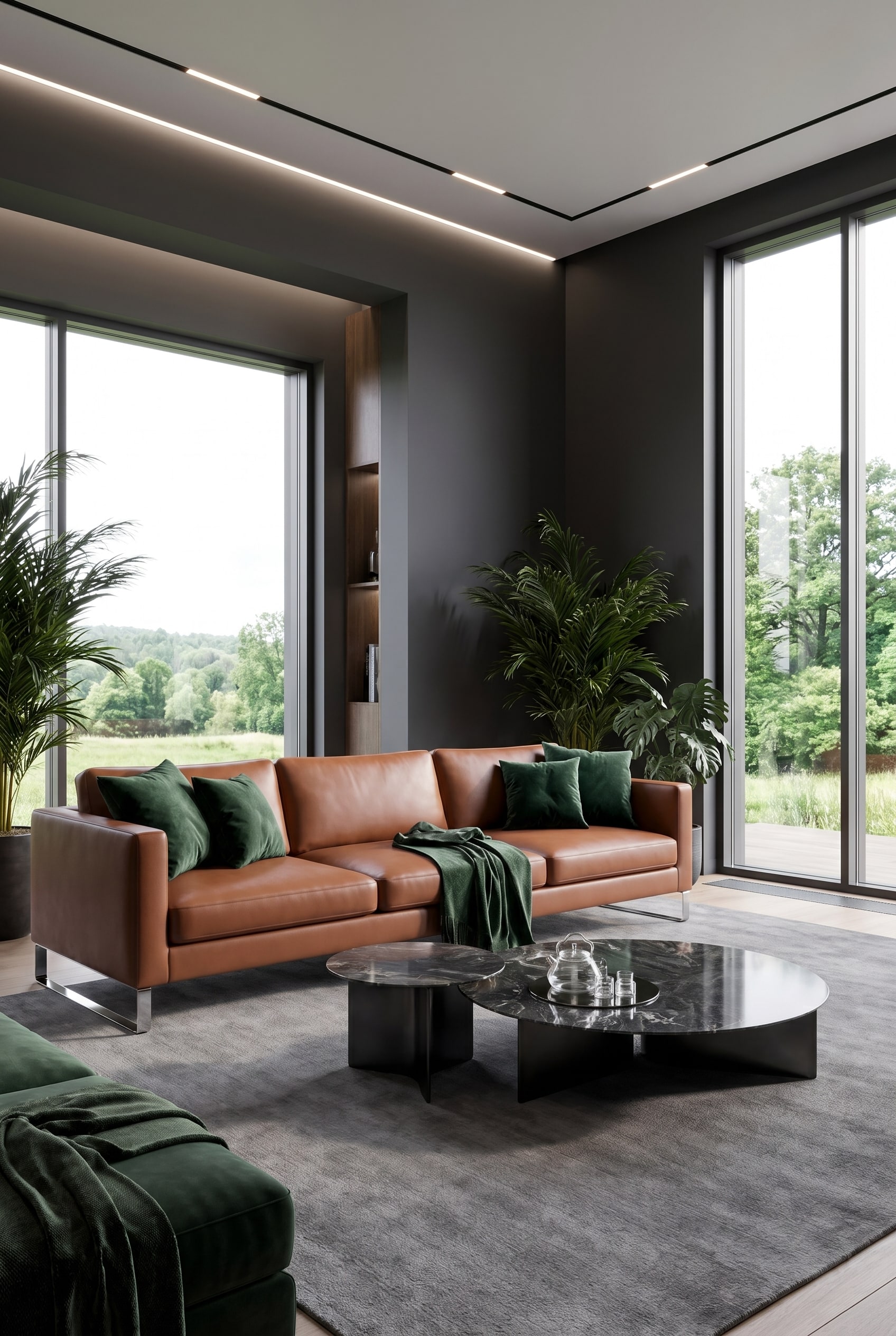 Modernes Wohnzimmer mit bodentiefen Fenstern, einem eleganten Echtleder-Sofa in Cognac-Braun, hellen W&auml;nden und einer gro&szlig;en dunkelgr&uuml;nen Zimmerpflanze
