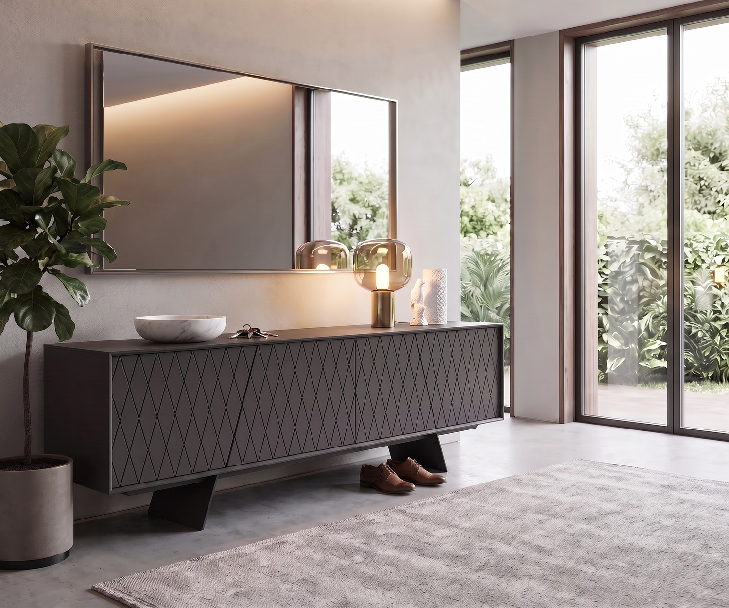 al2 e-klipse 003 Design-Sideboard mit Rautenmuster al2 e-klipse 003 Design-Sideboard als Flurkommode in Dunkelgrau mit Rautenmuster im modernen, eleganten Eingangsbereich.