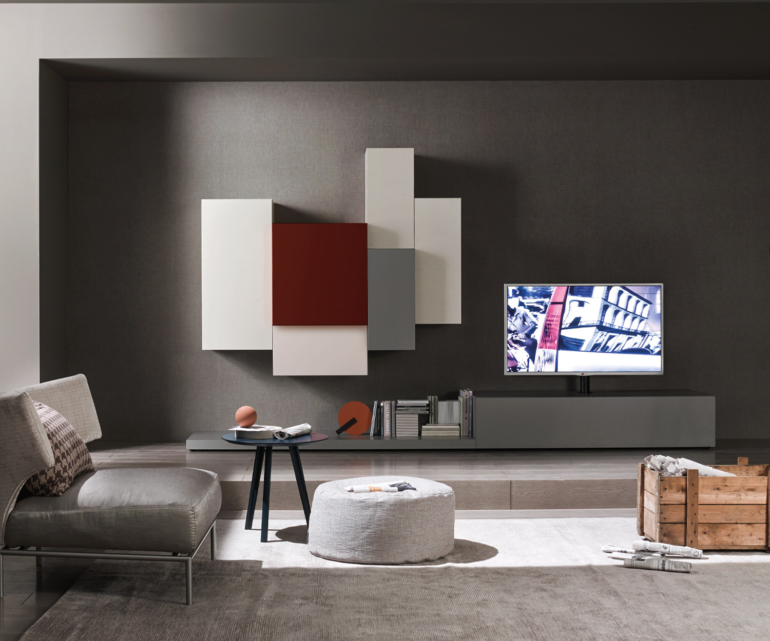 Exklusive Livitalia Design Wohnwand C49 mit TV Säulen Halterung und Hängeschränken Exklusive Livitalia Design Wohnwand C49 mit TV Säulen Halterung und Hängeschränken