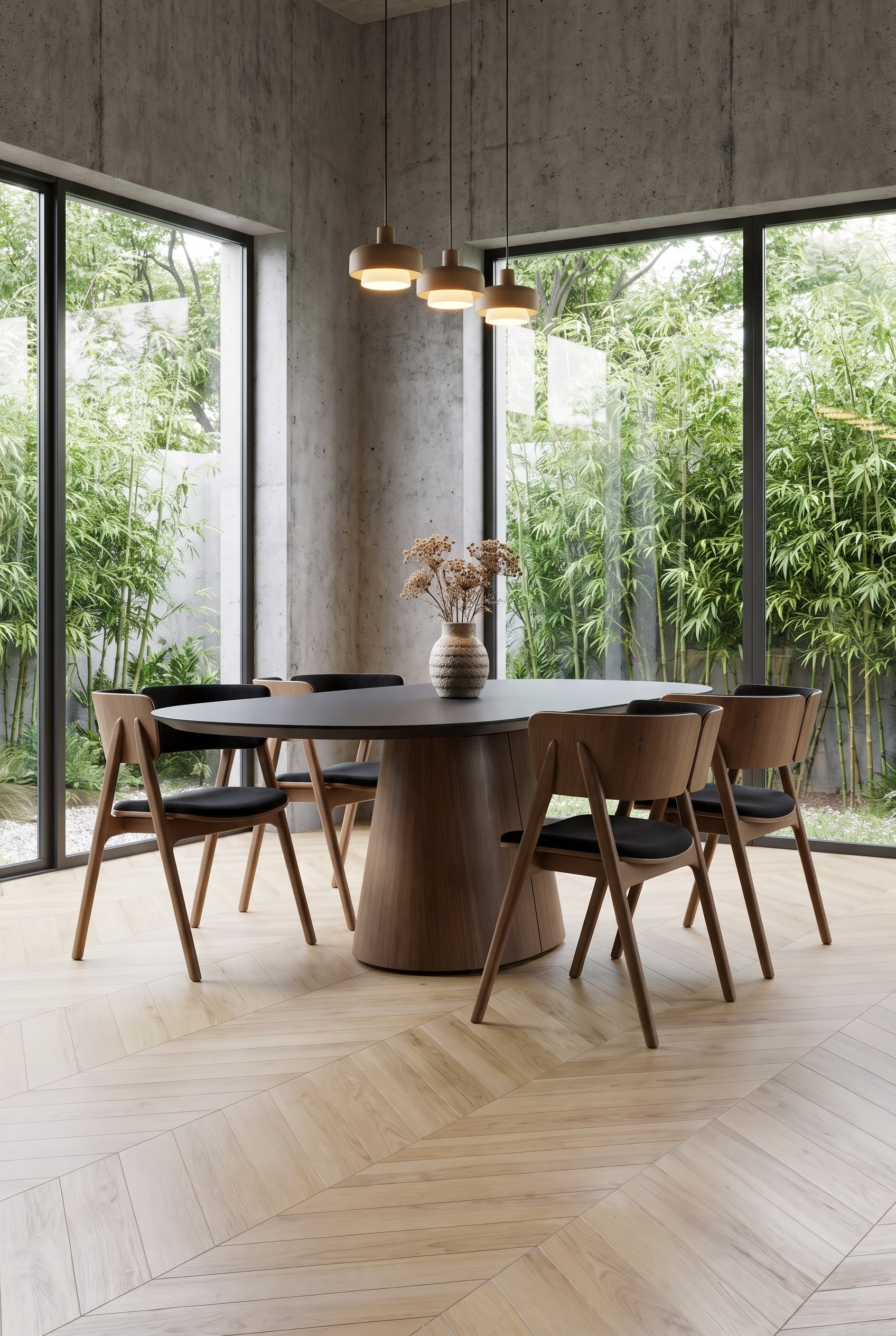 Modernes Esszimmer mit Betonkeller-Optik, ovalem Holztisch mit dunkler Platte und St&uuml;hlen