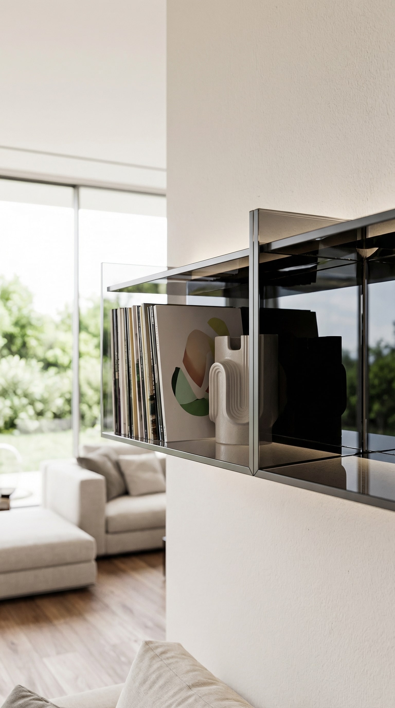 Elegantes Wandregal aus Glas im sonnendurchfluteten Wohnzimmer
