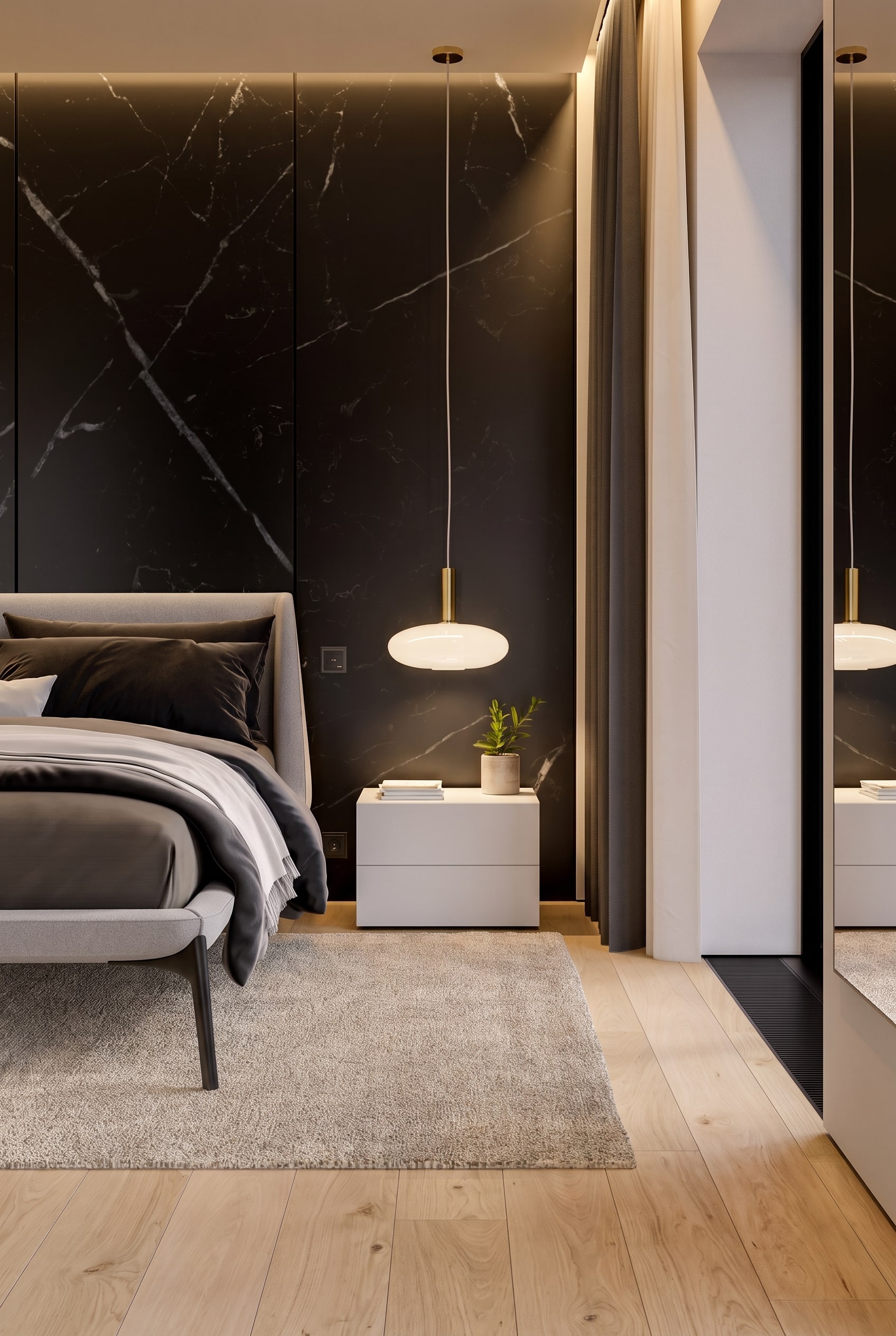 Schlafzimmer-Detail mit modernem wei&szlig;en Nachttisch neben dem Bettrahmen und einem weichen Bettvorleger-L&auml;ufer auf dem Boden