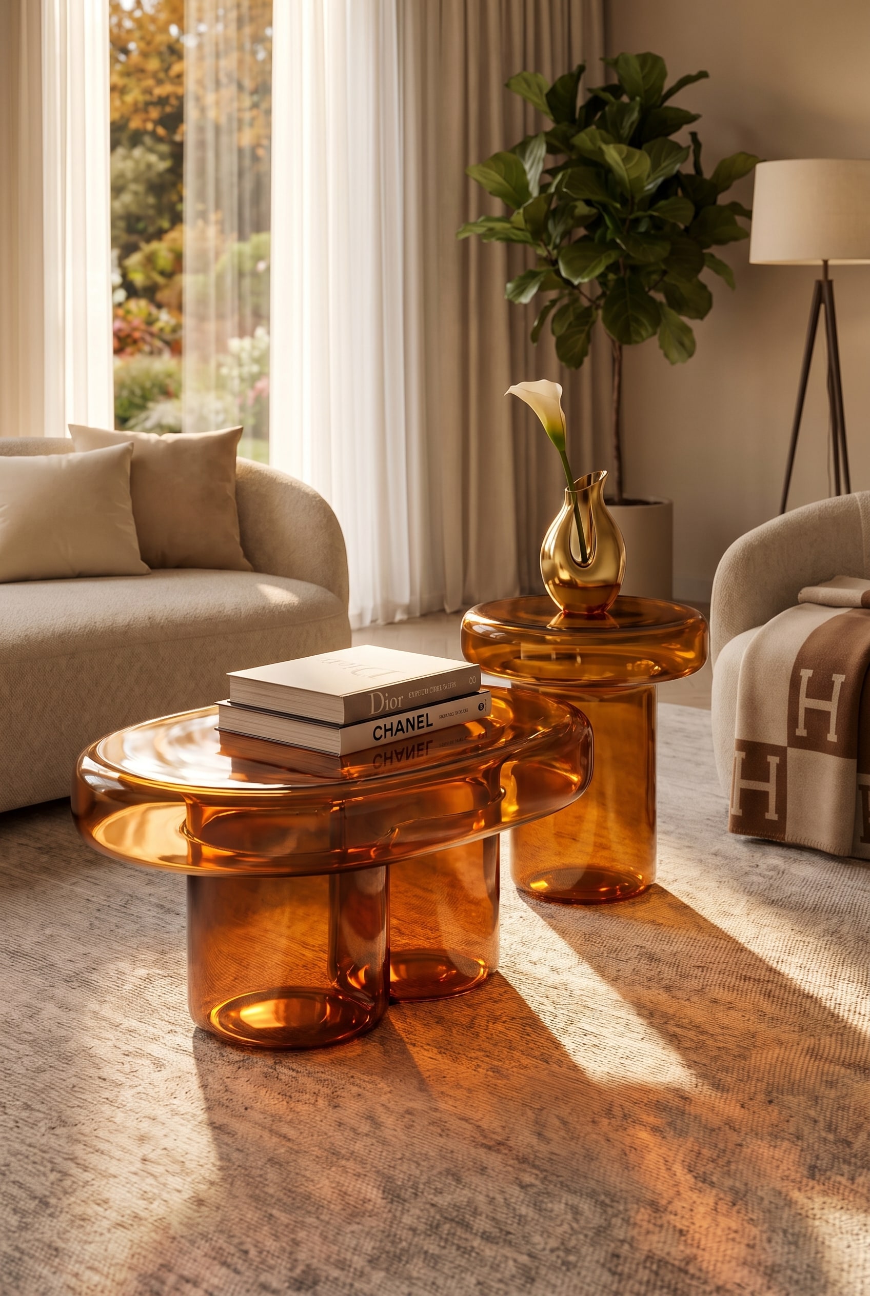 Amber oval glass table reflects the soft backlight in the autumnal living room