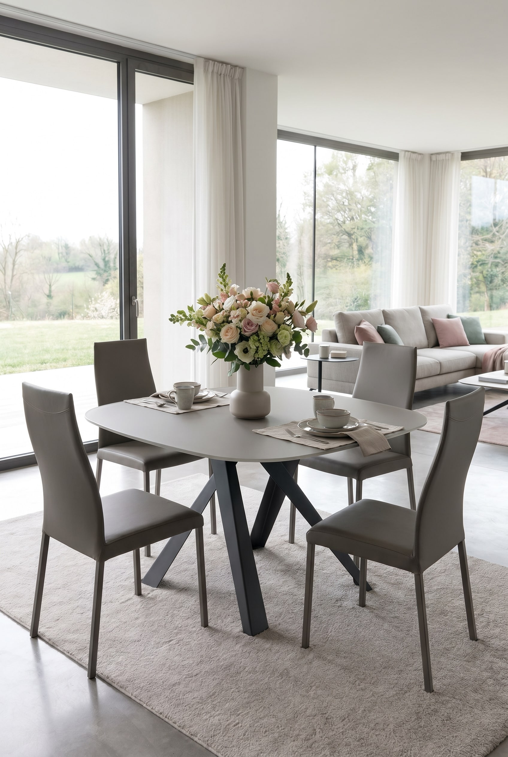 Matter, minimalistischer Esstisch mit farblich auf das Wohnzimmer abgestimmtem Blumenstrauß in ruhigem Design-Setting