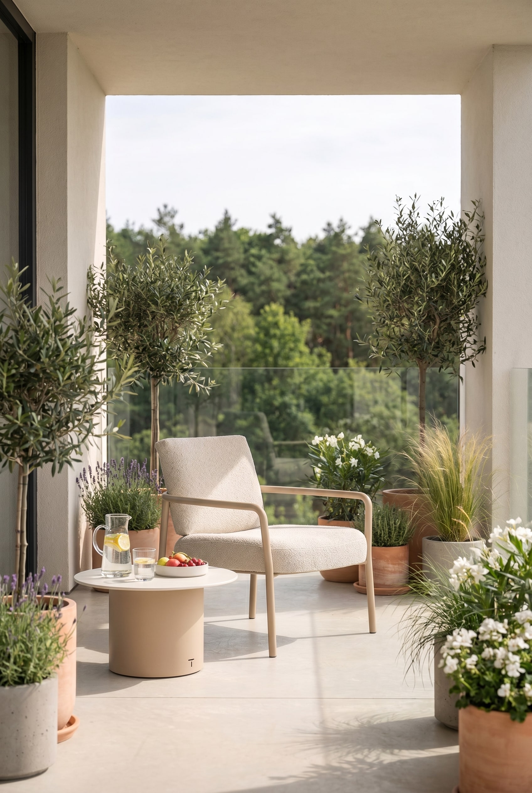 Narrow balcony with delicate outdoor armchair in beige on light concrete slabs