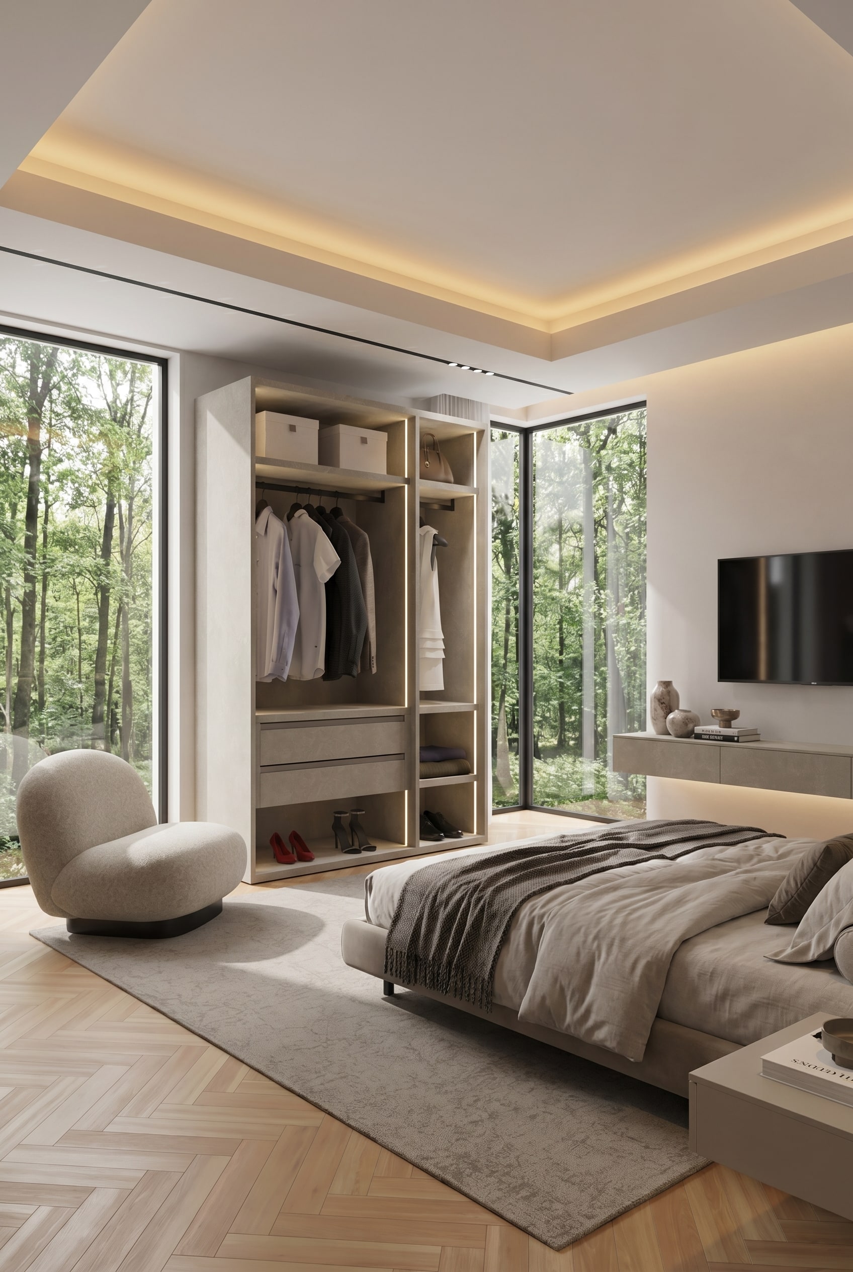 Boutique bedroom with open walk-in closet without doors, illuminated shelves, a light armchair, and a subtle rug on herringbone parquet