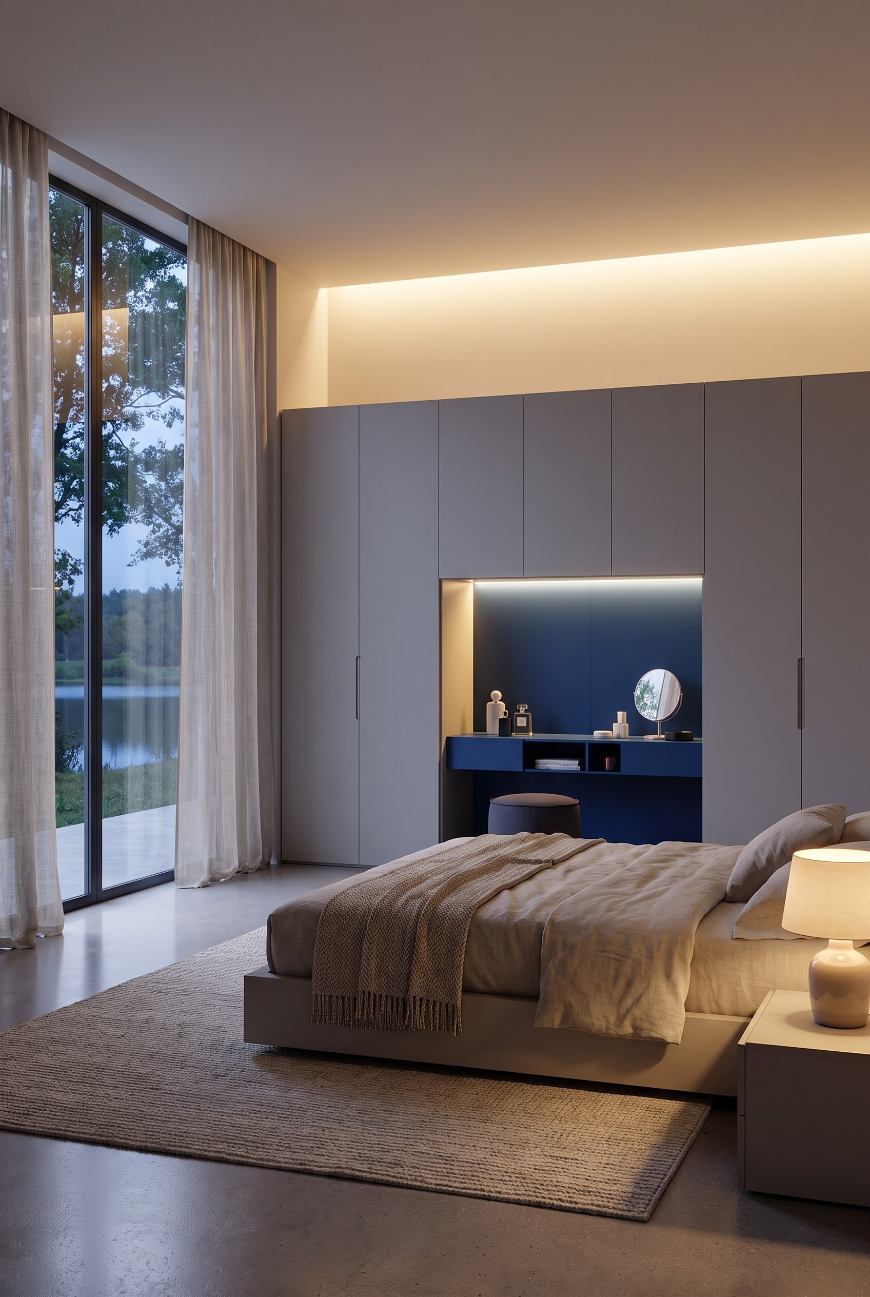 Grey luxury custom-made wardrobe with integrated blue dressing table niche in a modern bedroom.