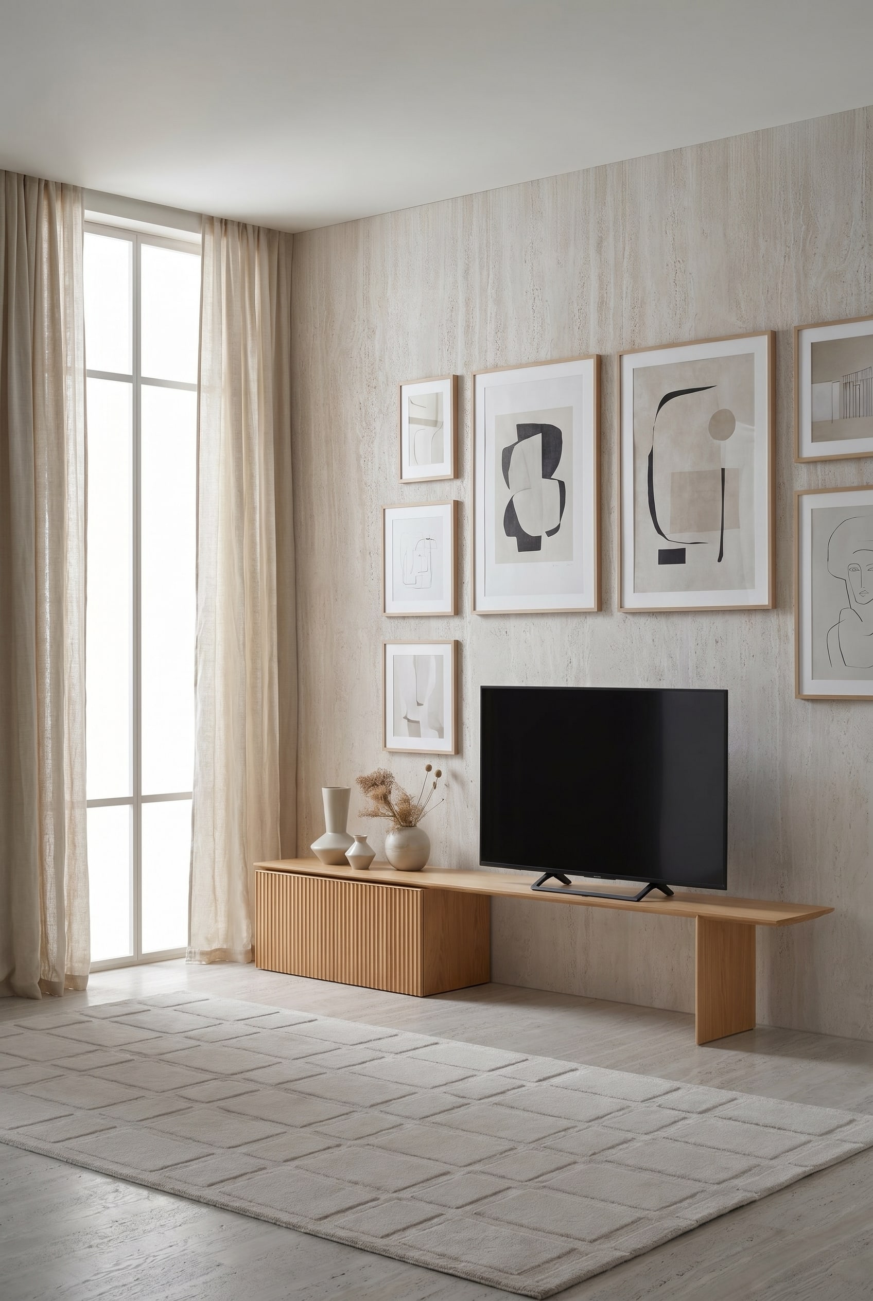 Asymmetrical light wood sideboard with grooved texture in front of a natural stone wall in a light-filled room
