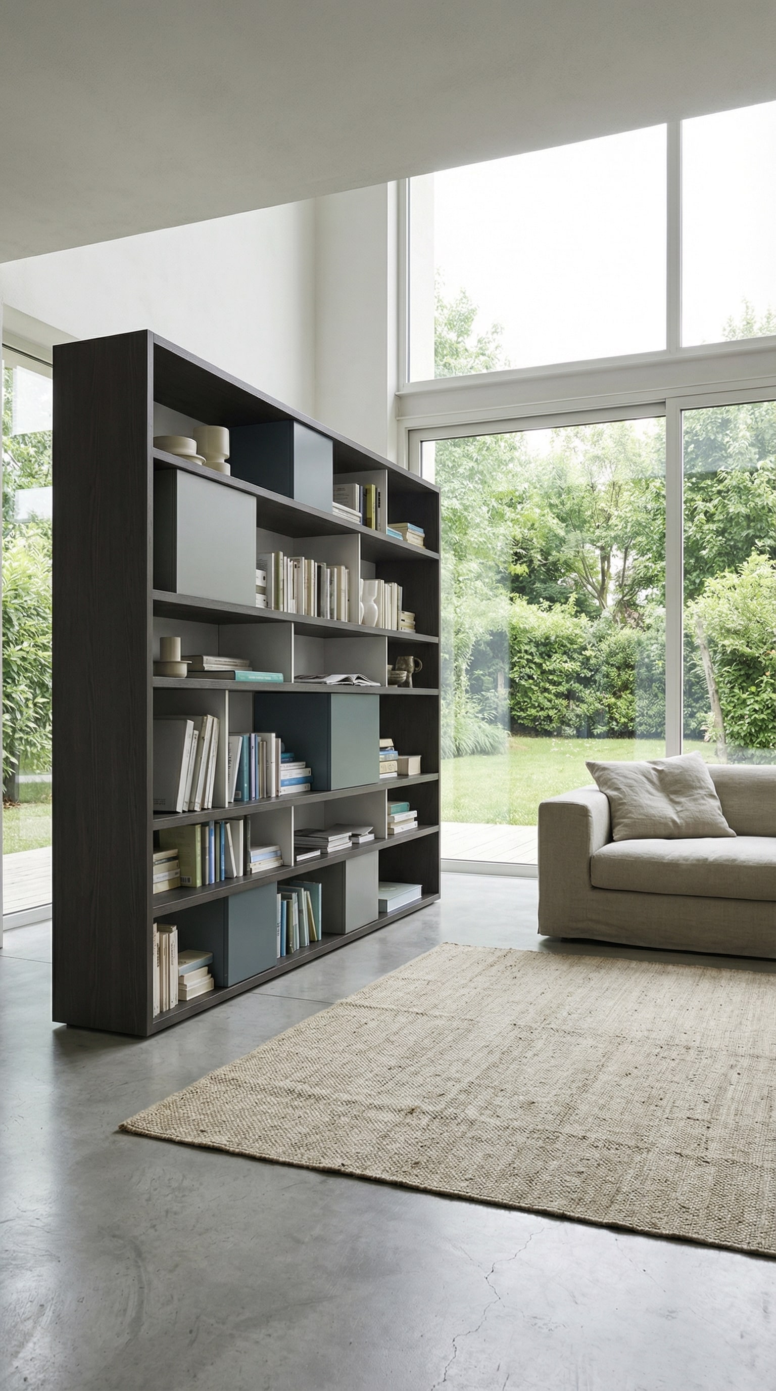 Filigranes Holzbücherregal im modernen Wohnzimmer mit großen Fenstern Filigranes Holzbücherregal im modernen Wohnzimmer mit großen Fenstern