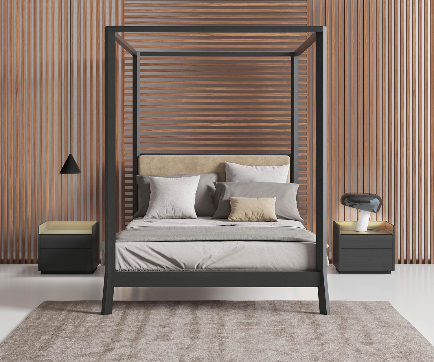 Exklusiver Design Nachttisch mit Nachttischlampe neben Bett im Schlafzimmer furniert
