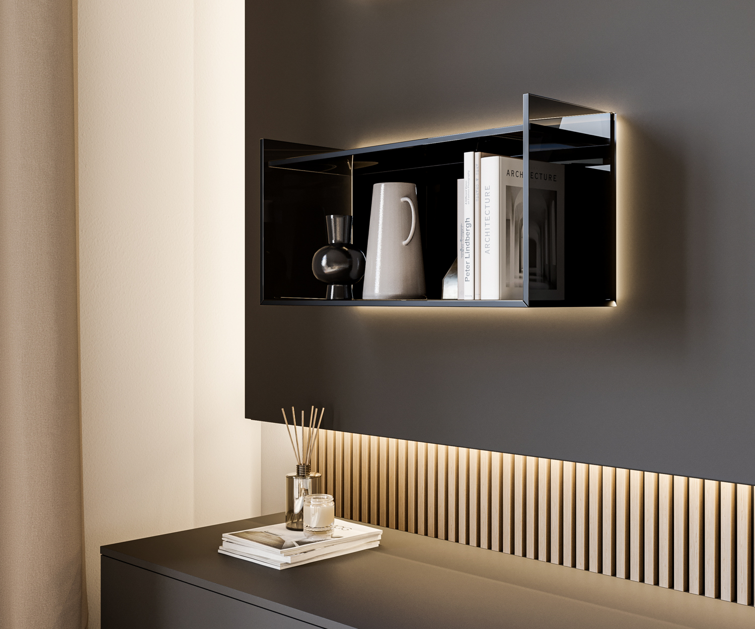 Modernes Livitalia Designer Glas Wandregal mit LED Beleuchtung