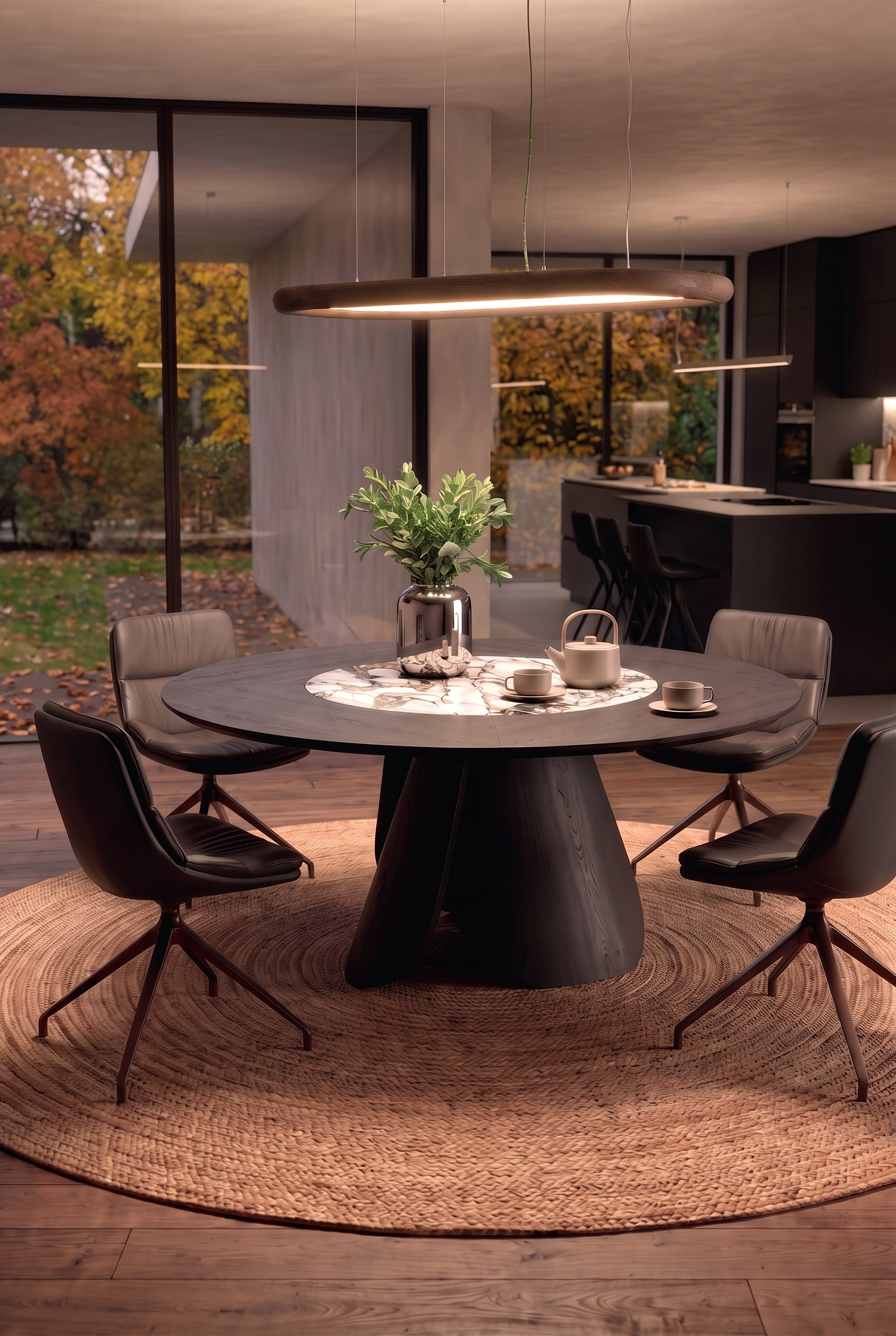 View over the round dark wood dining table to a modern, dark open kitchen in the background.