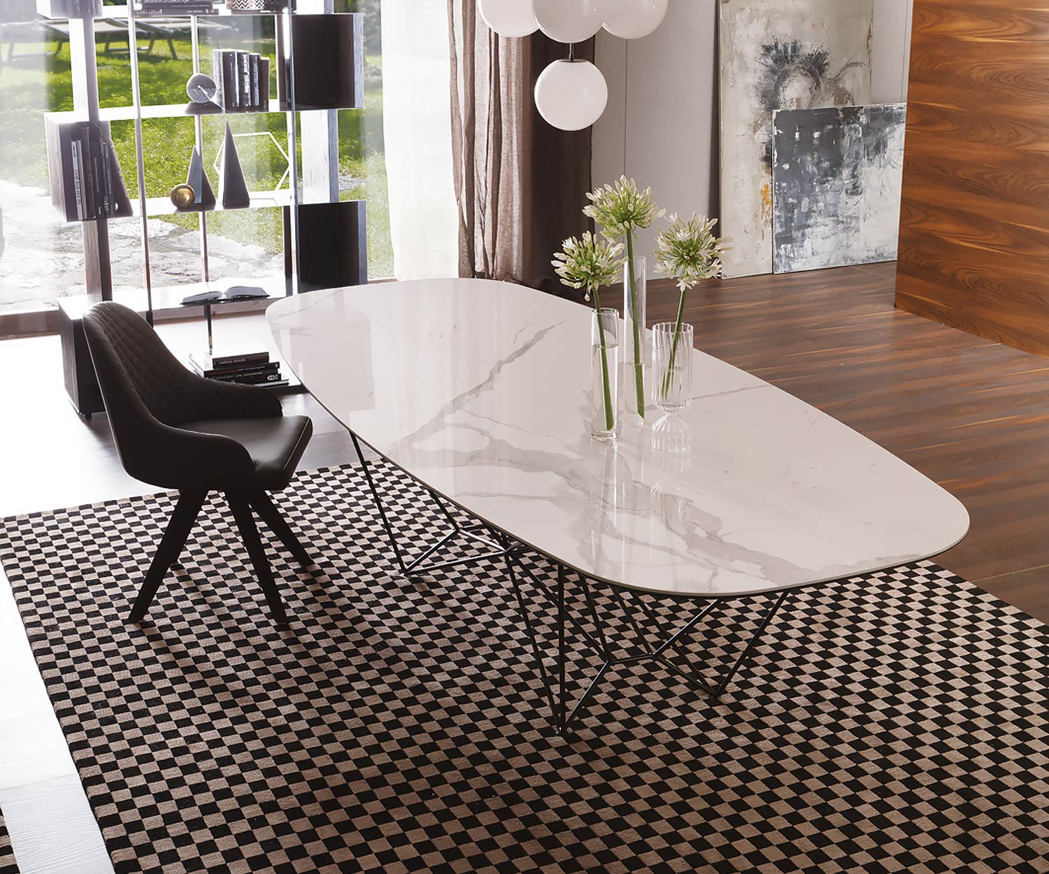 Design Esstisch Ozzio Fil8 ovale Tischplatte Glas Keramik Weiß Stahluntergestell