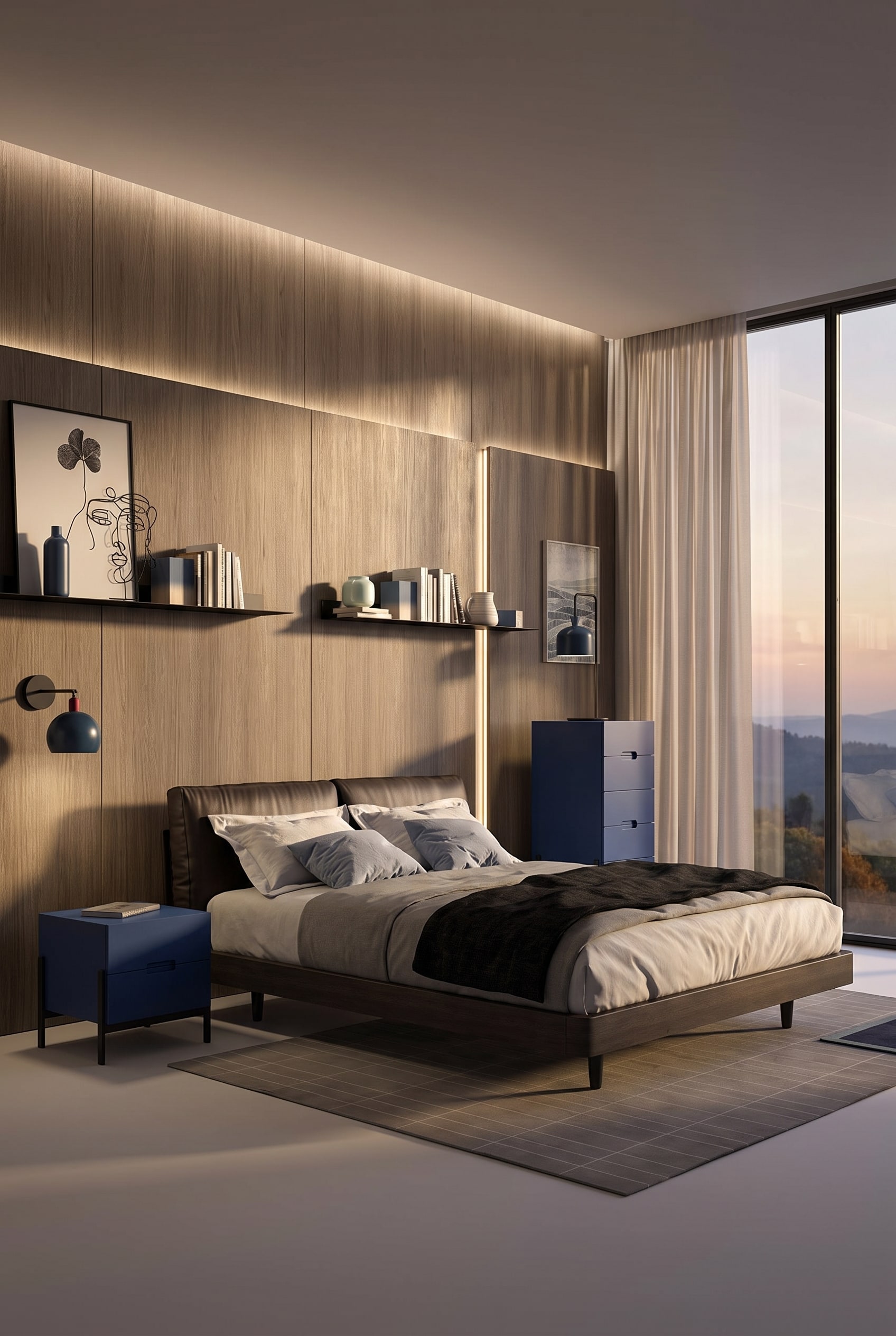 Ein luxuriöses Novamobili Bett Nido mit voluminös gepolstertem Lederkopfteil in einem modern gestalteten Schlafzimmer.