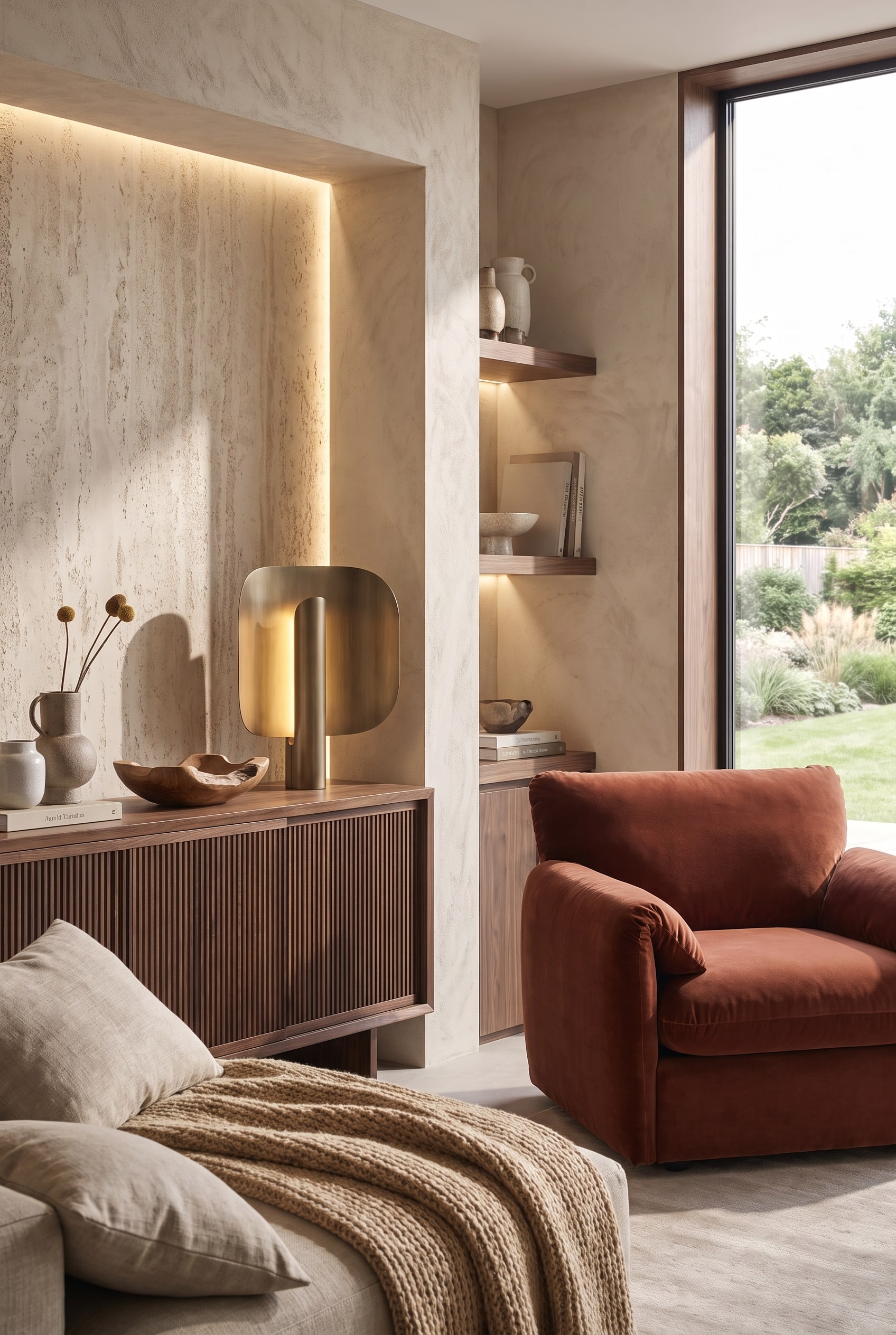 The elegant Punt Stockholm Lamp as warm white mood lighting on a sideboard in the cozy living room.