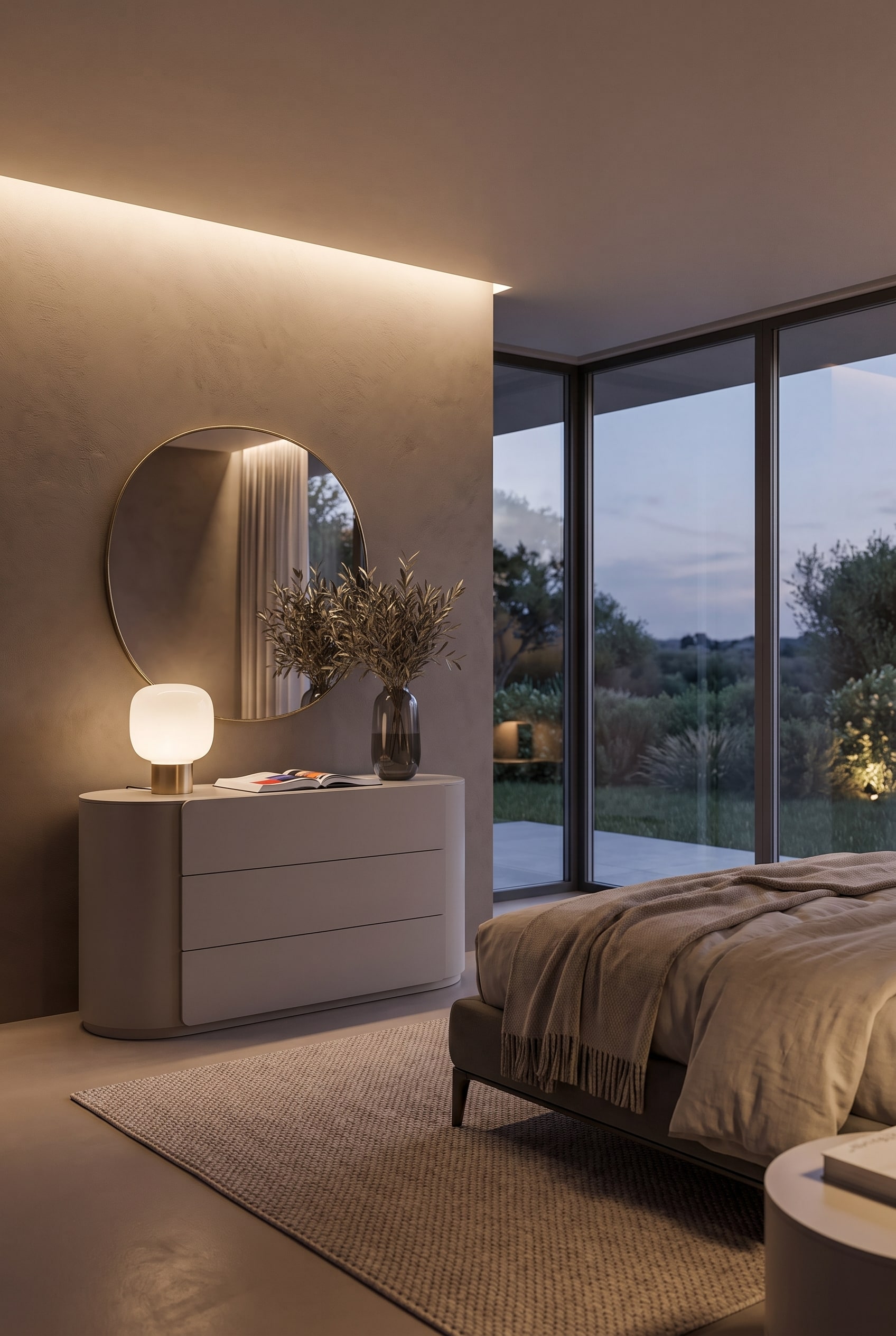 Rounded chest of drawers in the bedroom at dusk, softly illuminated by a table lamp.
