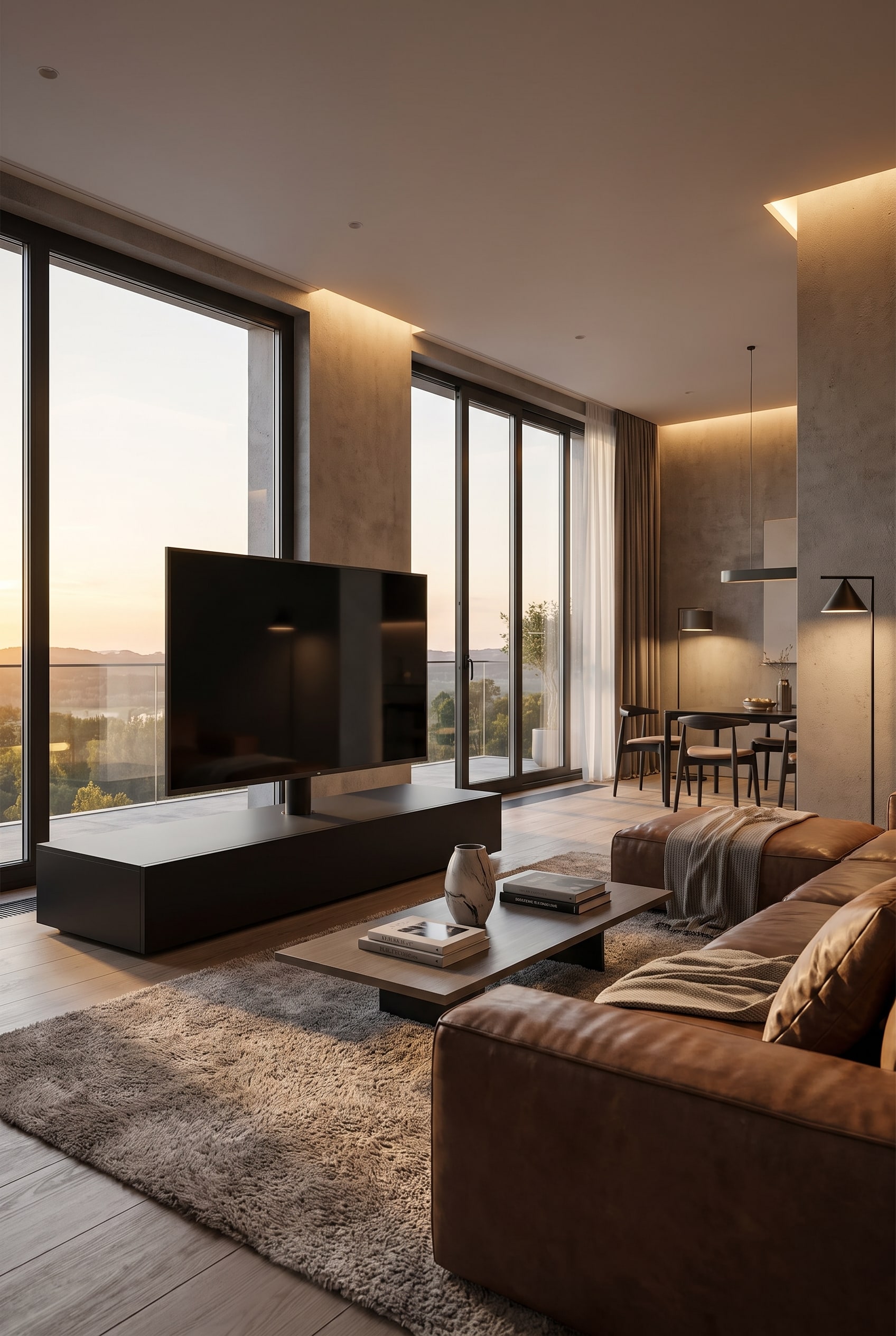 Open living-dining area with a freestanding, half-height TV room divider in black, swivel panel, bright window front in the background.