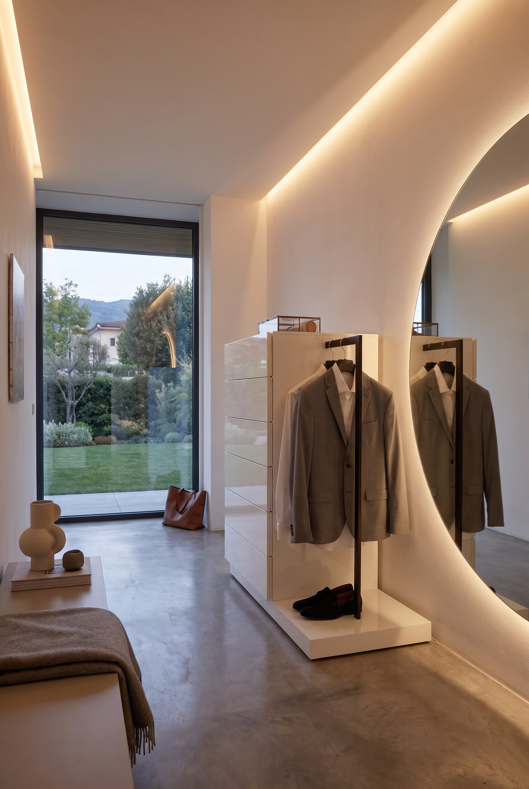 White high-gloss hallway chest of drawers with a side clothes rail at the end of a hallway, next to a large round wall mirror.