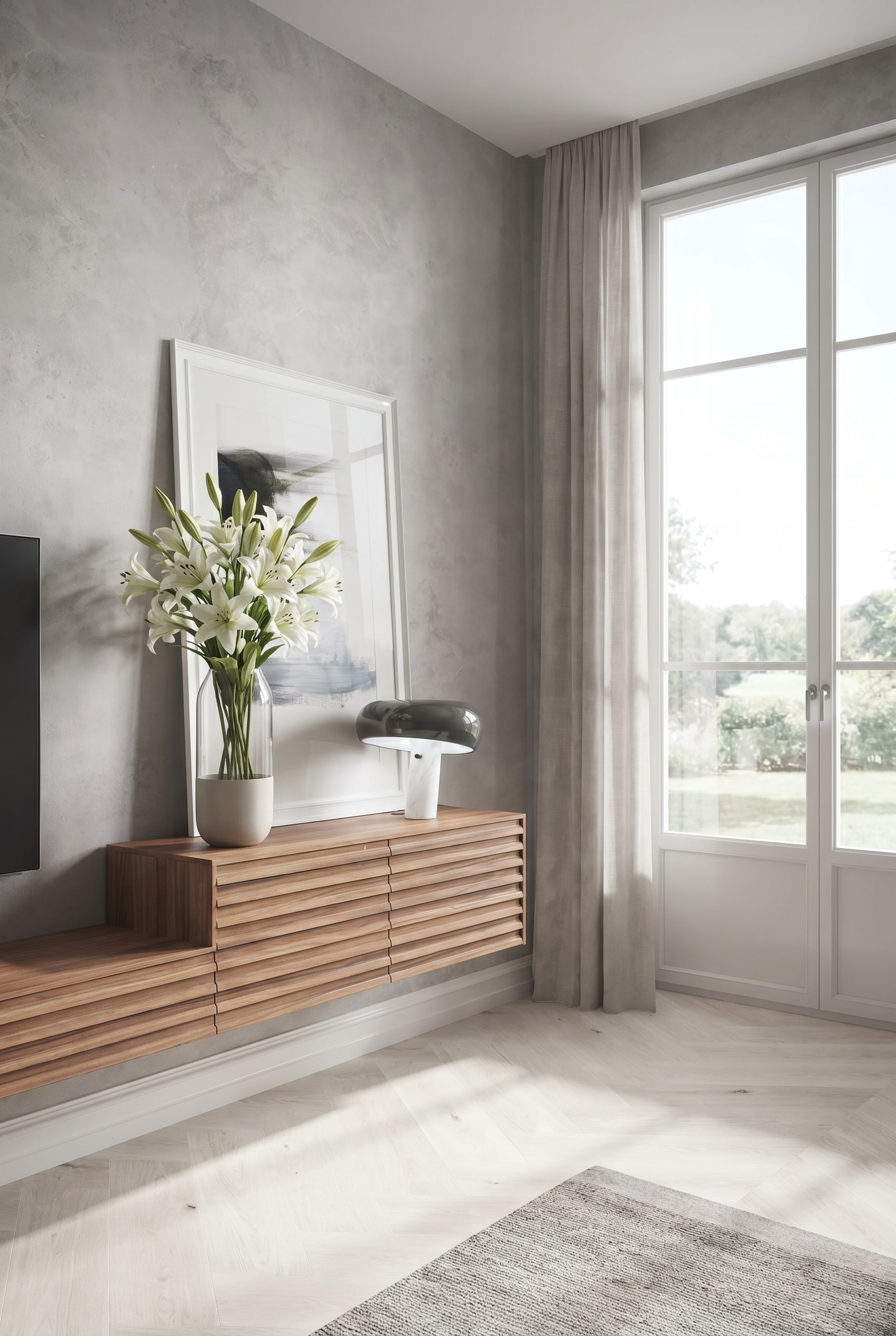 Sehr flaches Lowboard in einem modernen Wohnzimmer, dekoriert mit einer extrem hohen Statement-Vase Sehr flaches Lowboard in einem modernen Wohnzimmer, dekoriert mit einer extrem hohen Statement-Vase