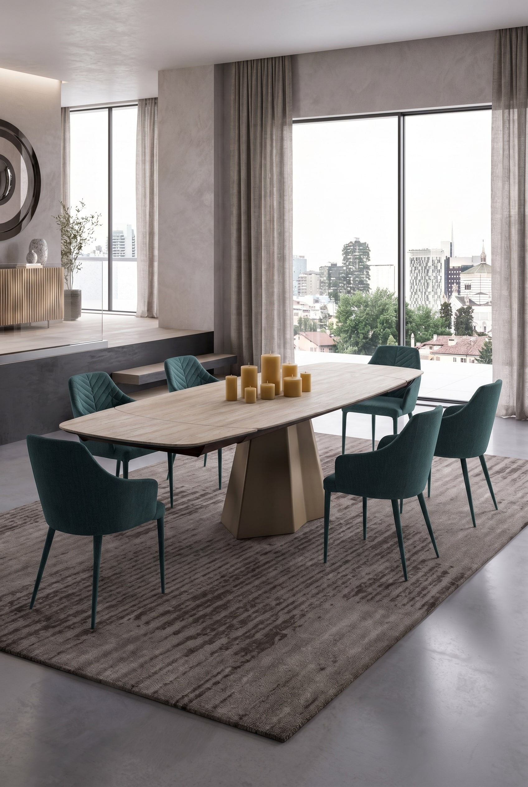 Extendable dining table in elegant wood look with six upholstered chairs in a spacious, modern room