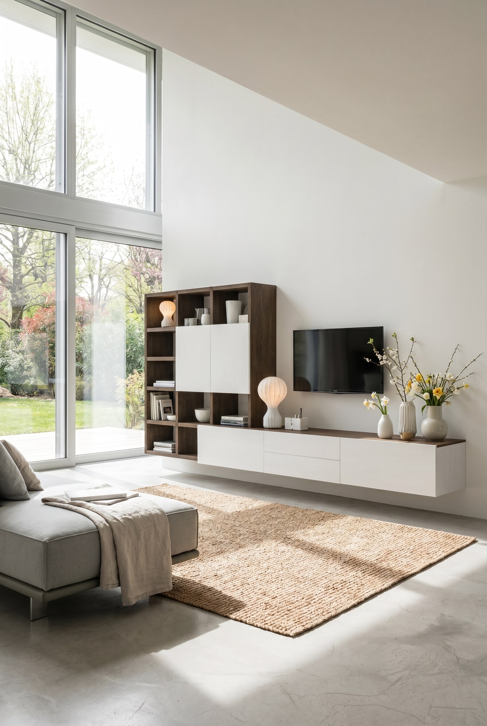 Wall unit in modern country style with 30 percent wood content and matte white fronts
