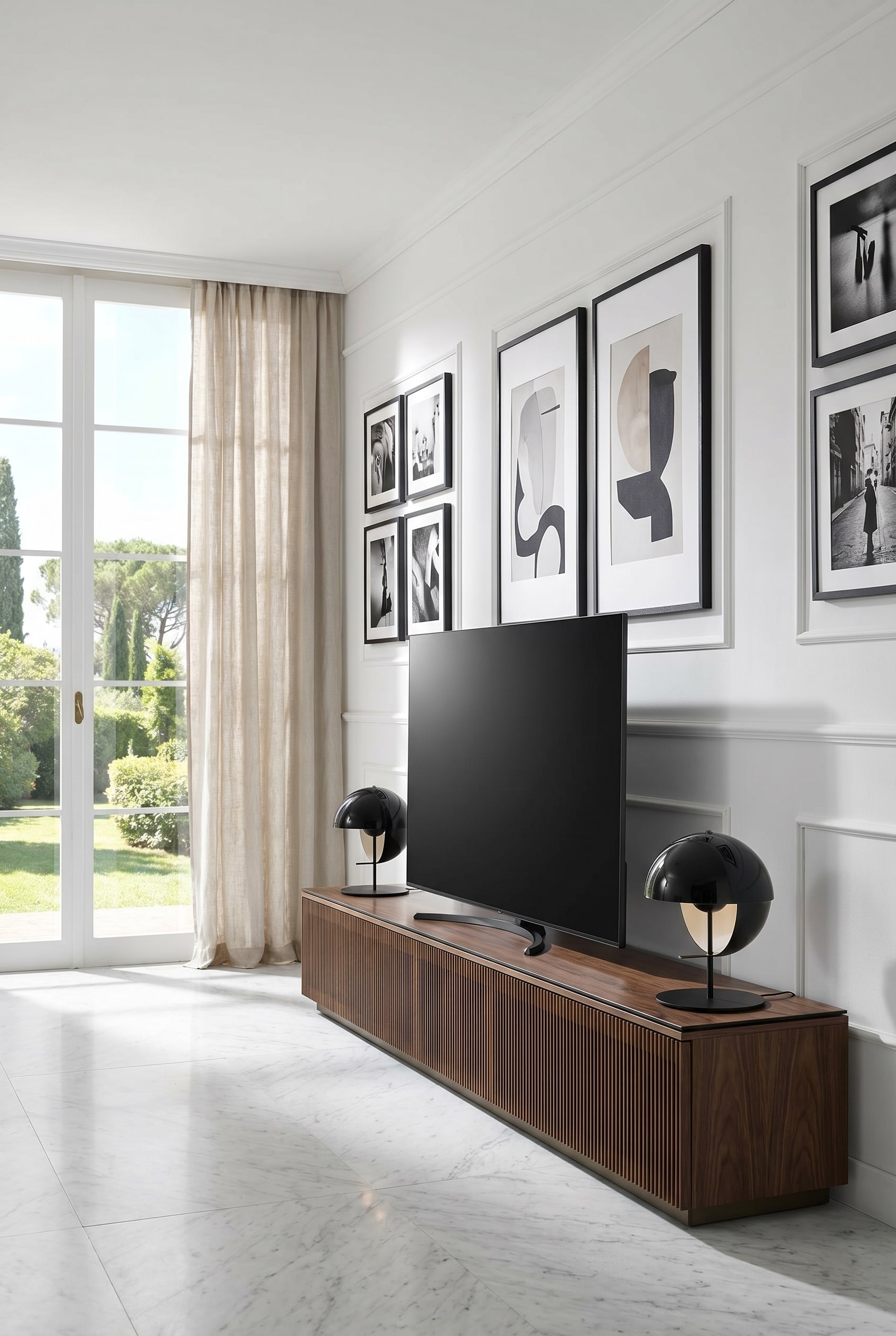 Dark walnut wood lowboard with vertical slats and stylish table lamps in front of classic wall paneling
