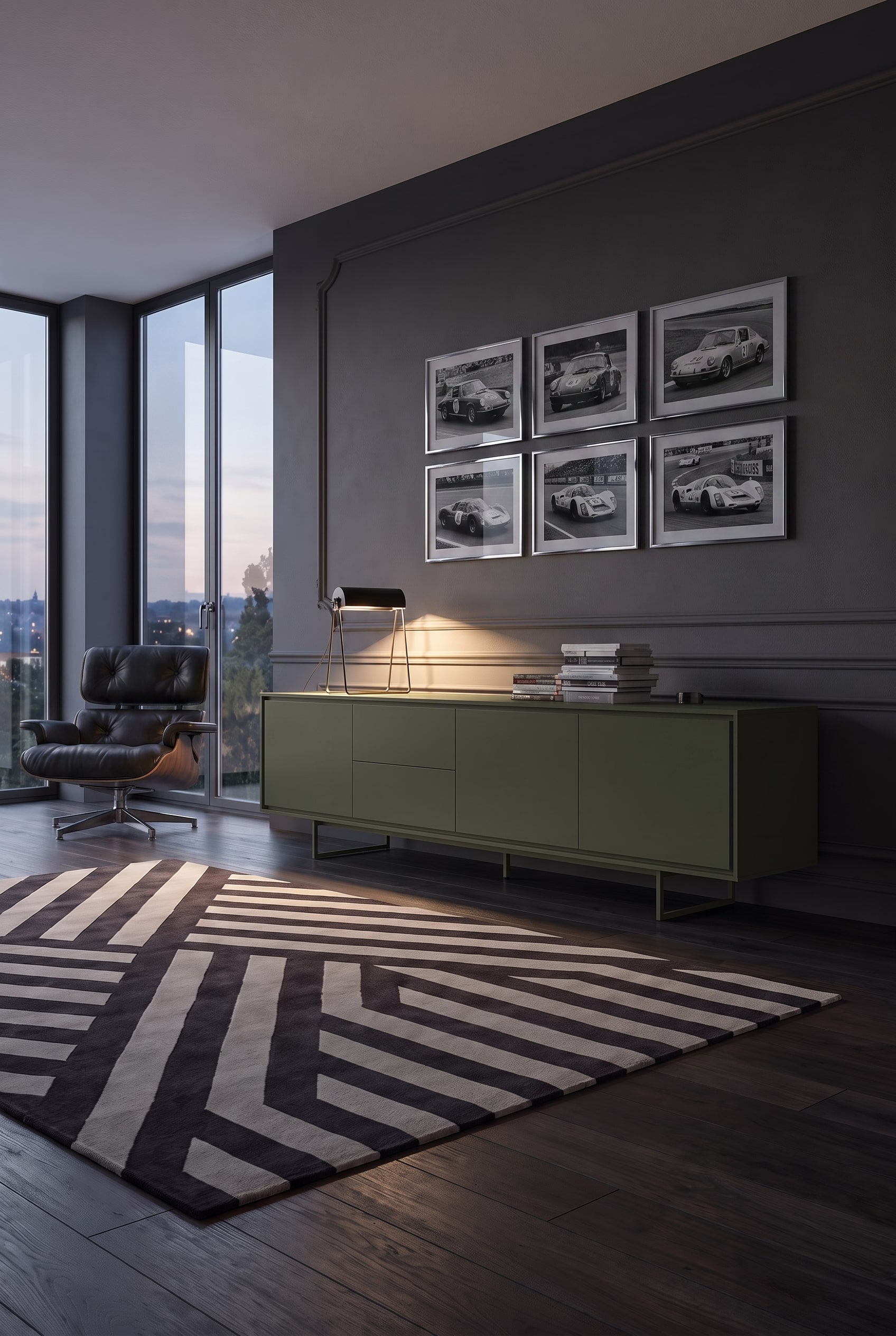 Olive green matte sideboard combined with a black Mid-Century leather armchair and silver picture frames with racing car motifs.
