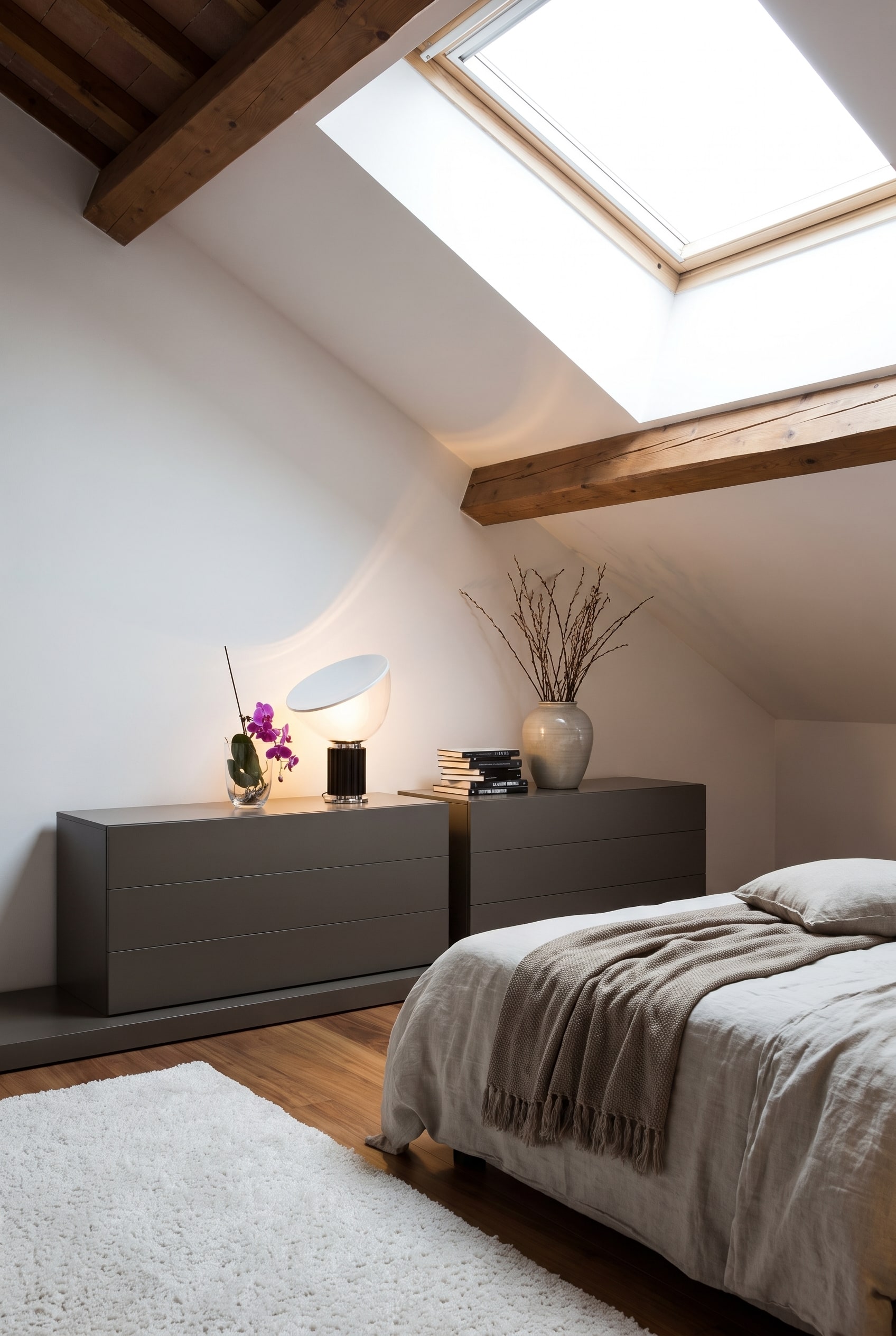 A wide Novamobili Easy chest of drawers with three drawers, space-savingly placed under a sloped ceiling and subtly decorated
